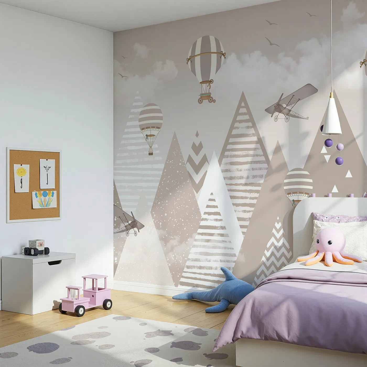 Angled view of Whimsy Tots' Vintage Mountain Air Show Wall Mural (Turn Their Room into a Nostalgic, High-Flying Dream).Gender-Neutral