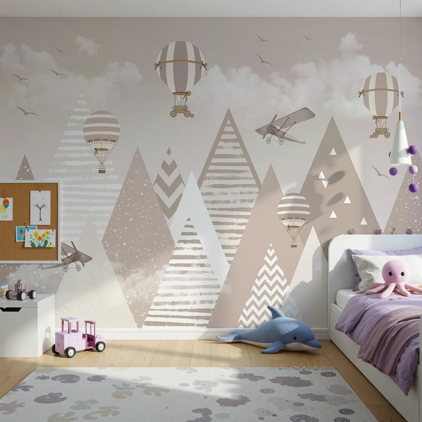 Front view of Whimsy Tots' Vintage Mountain Air Show Wall Mural