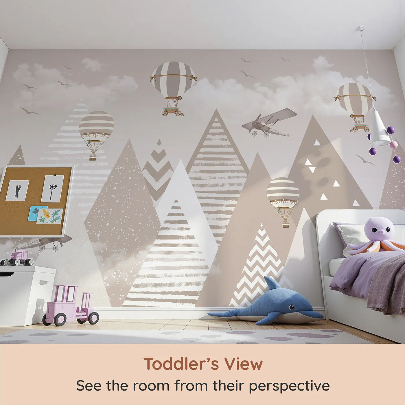 Whimsy Tots Vintage Mountain Air Show Wall Mural (Turn Their Room into a Nostalgic, High-Flying Dream) from your child's view.Gender-Neutral