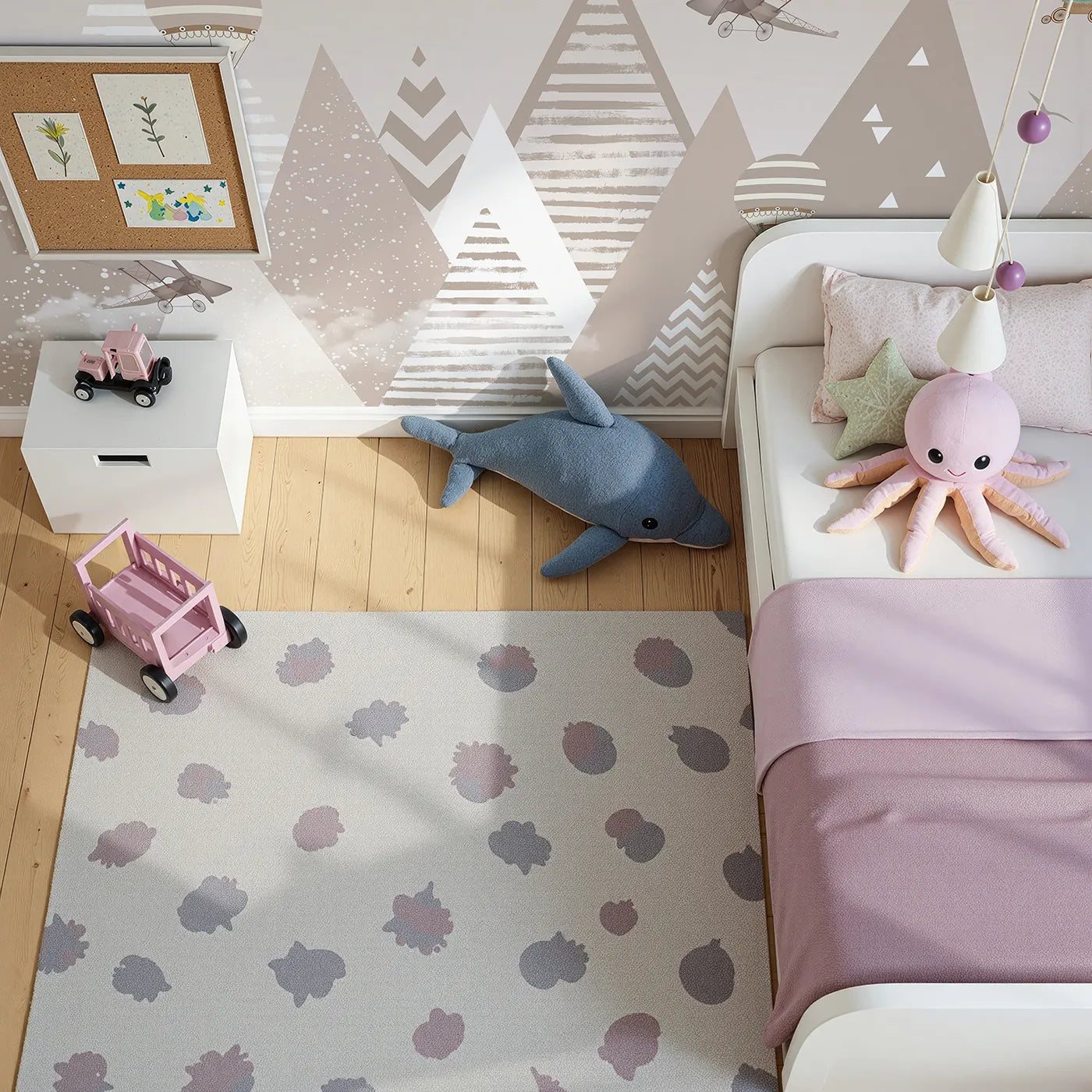Top-down view of Whimsy Tots' Vintage Mountain Air Show Wall Mural (Turn Their Room into a Nostalgic, High-Flying Dream).Gender-Neutral