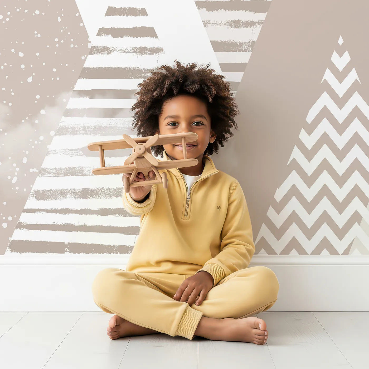 Child in front of Whimsy Tots Vintage Mountain Air Show Wall Mural with mountain, vintage, airplane, balloon, geometric, beige, sepia, retro in design.