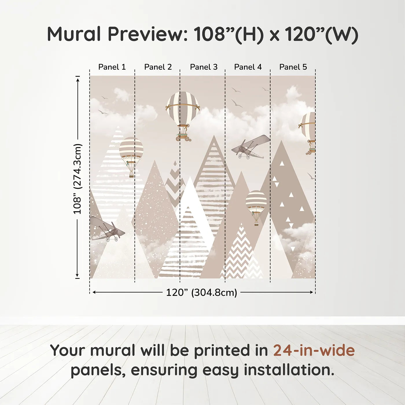 Whimsy Tots Vintage Mountain Air Show Wall Muraldimension view (108" H x 120" W). Printed in five 24-inch-wide panels. Gender-Neutral