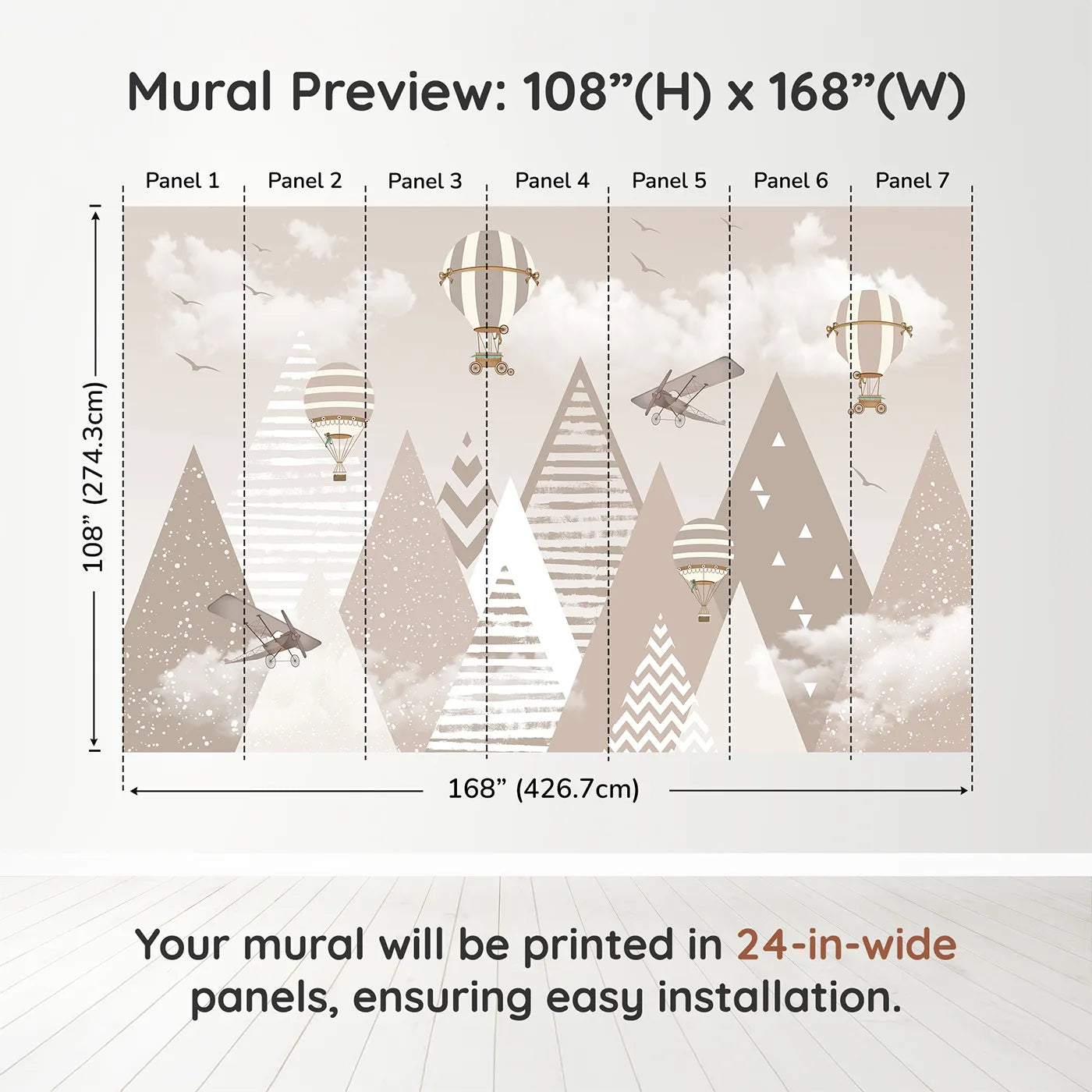Whimsy Tots Vintage Mountain Air Show Wall Muraldimension view (108" H x 168" W). Printed in seven 24-inch-wide panels. Gender-Neutral