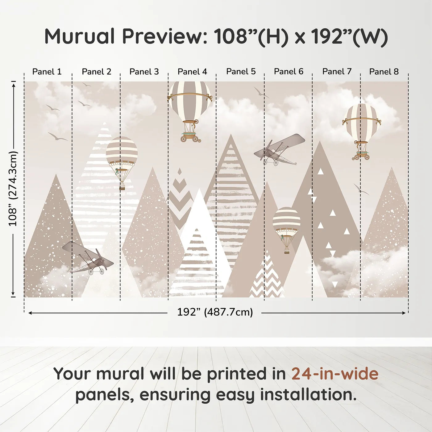 Whimsy Tots Vintage Mountain Air Show Wall Muraldimension view (108" H x 192" W). Printed in eight 24-inch-wide panels. Gender-Neutral