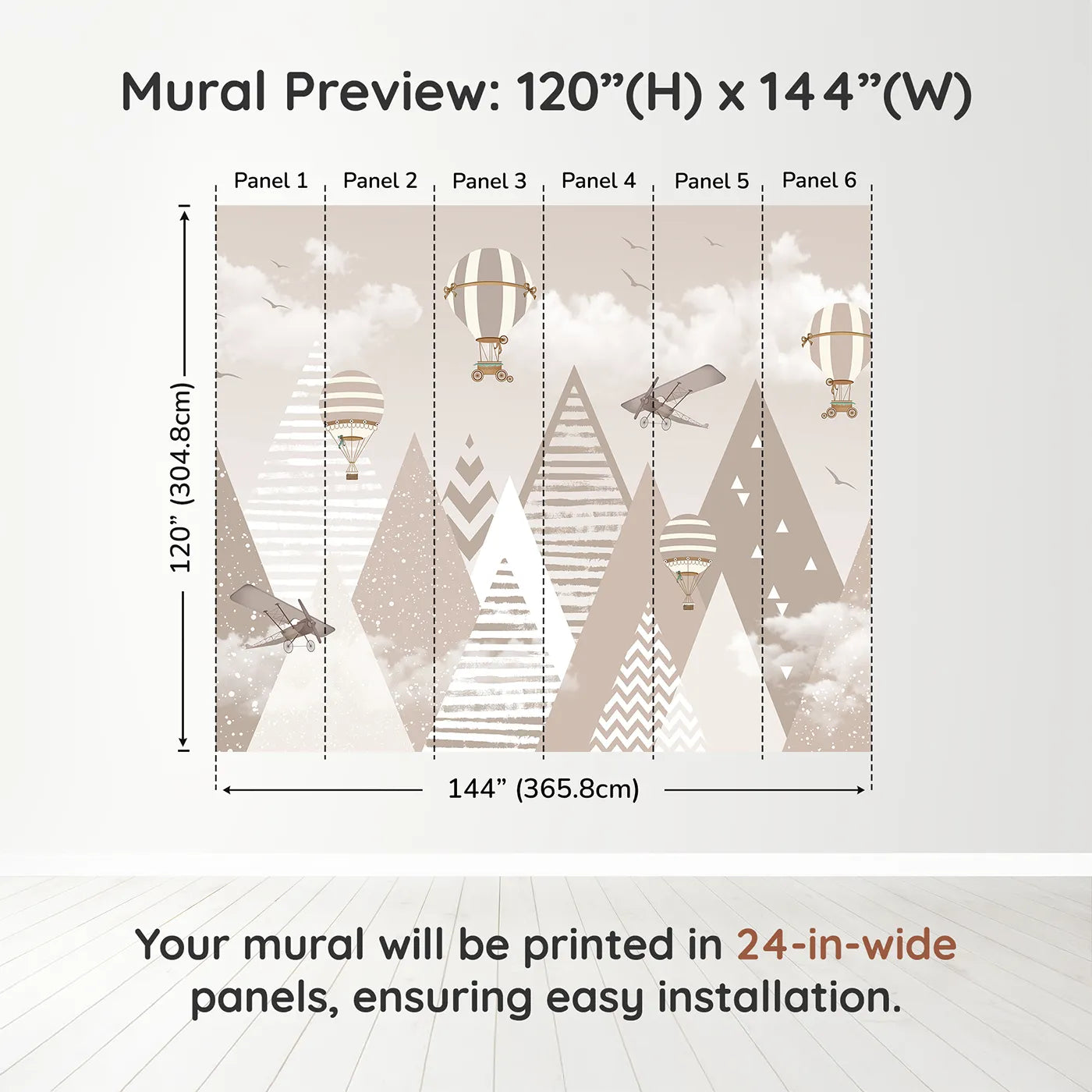 Whimsy Tots Vintage Mountain Air Show Wall Muraldimension view (120" H x 144" W). Printed in six 24-inch-wide panels. Gender-Neutral