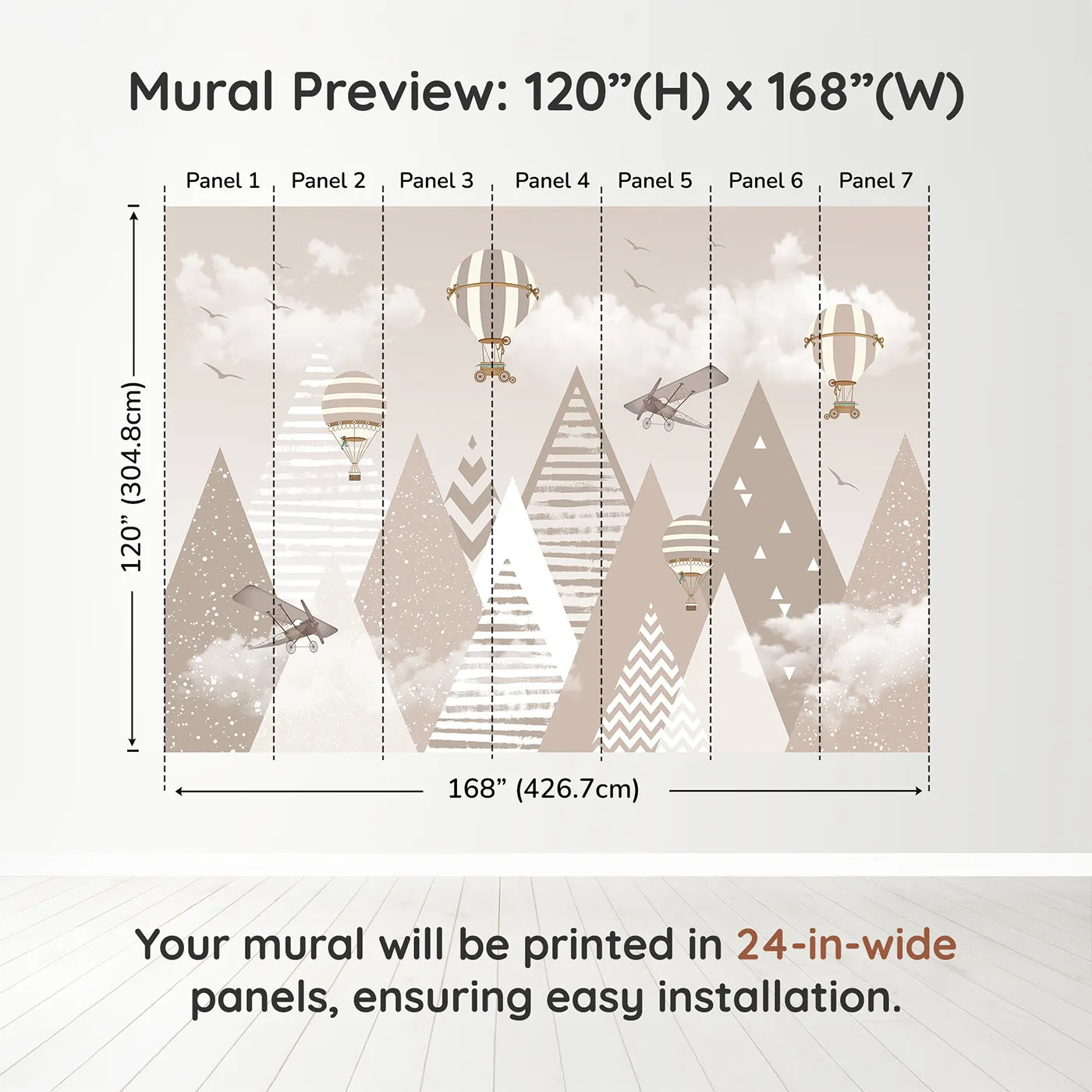Whimsy Tots Vintage Mountain Air Show Wall Muraldimension view (120" H x 168" W). Printed in seven 24-inch-wide panels. Gender-Neutral