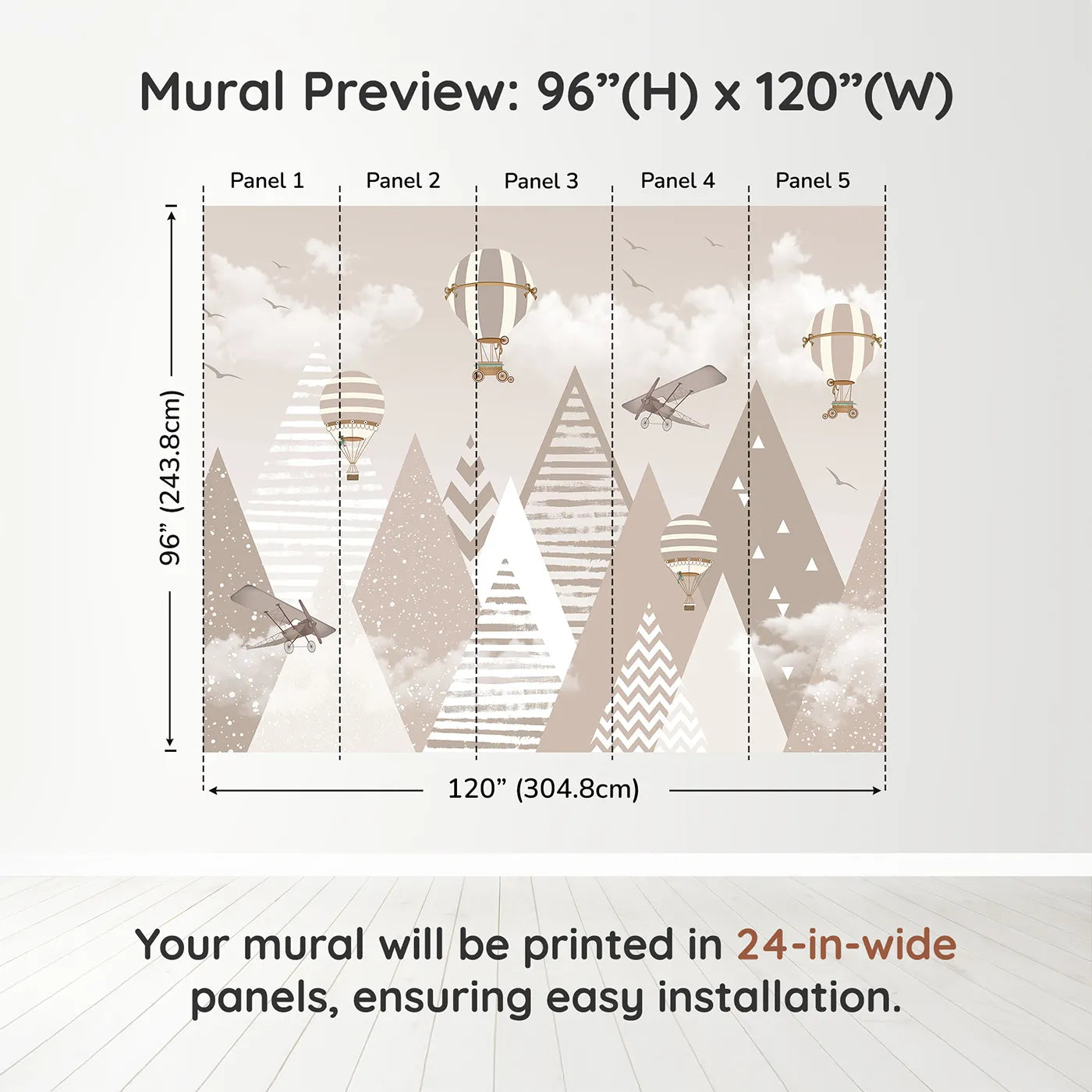 Whimsy Tots Vintage Mountain Air Show Wall Muraldimension view (96" H x 120" W). Printed in five 24-inch-wide panels. Gender-Neutral