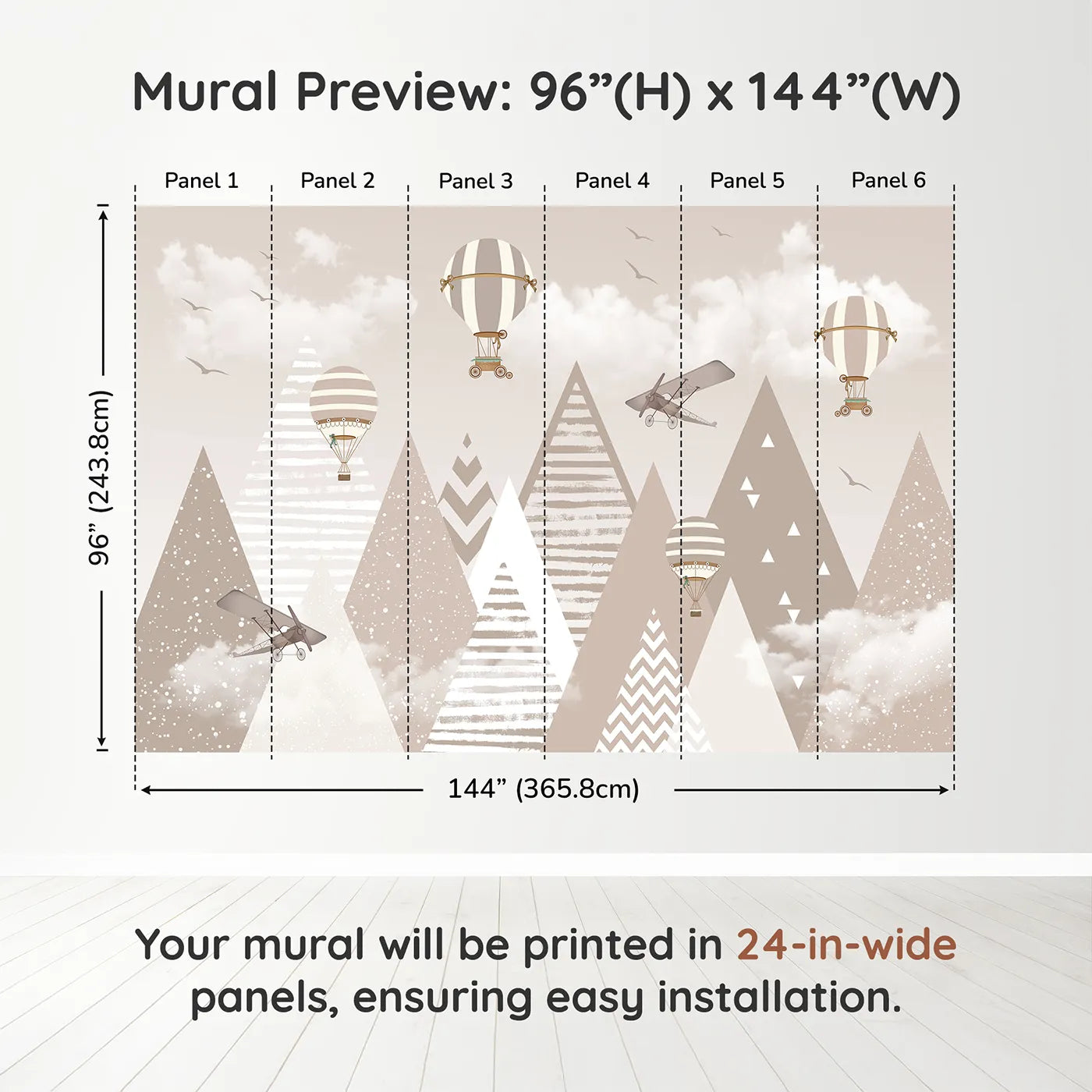 Whimsy Tots Vintage Mountain Air Show Wall Muraldimension view (96" H x 144" W). Printed in six 24-inch-wide panels. Gender-Neutral