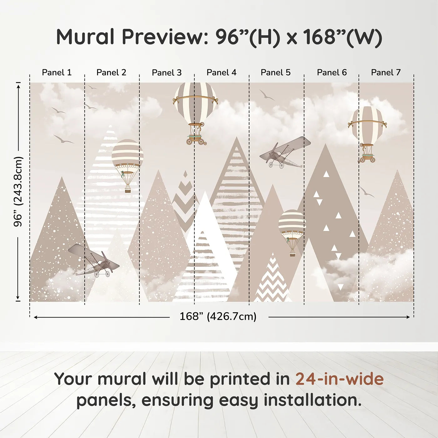 Whimsy Tots Vintage Mountain Air Show Wall Muraldimension view (96" H x 168" W). Printed in seven 24-inch-wide panels. Gender-Neutral