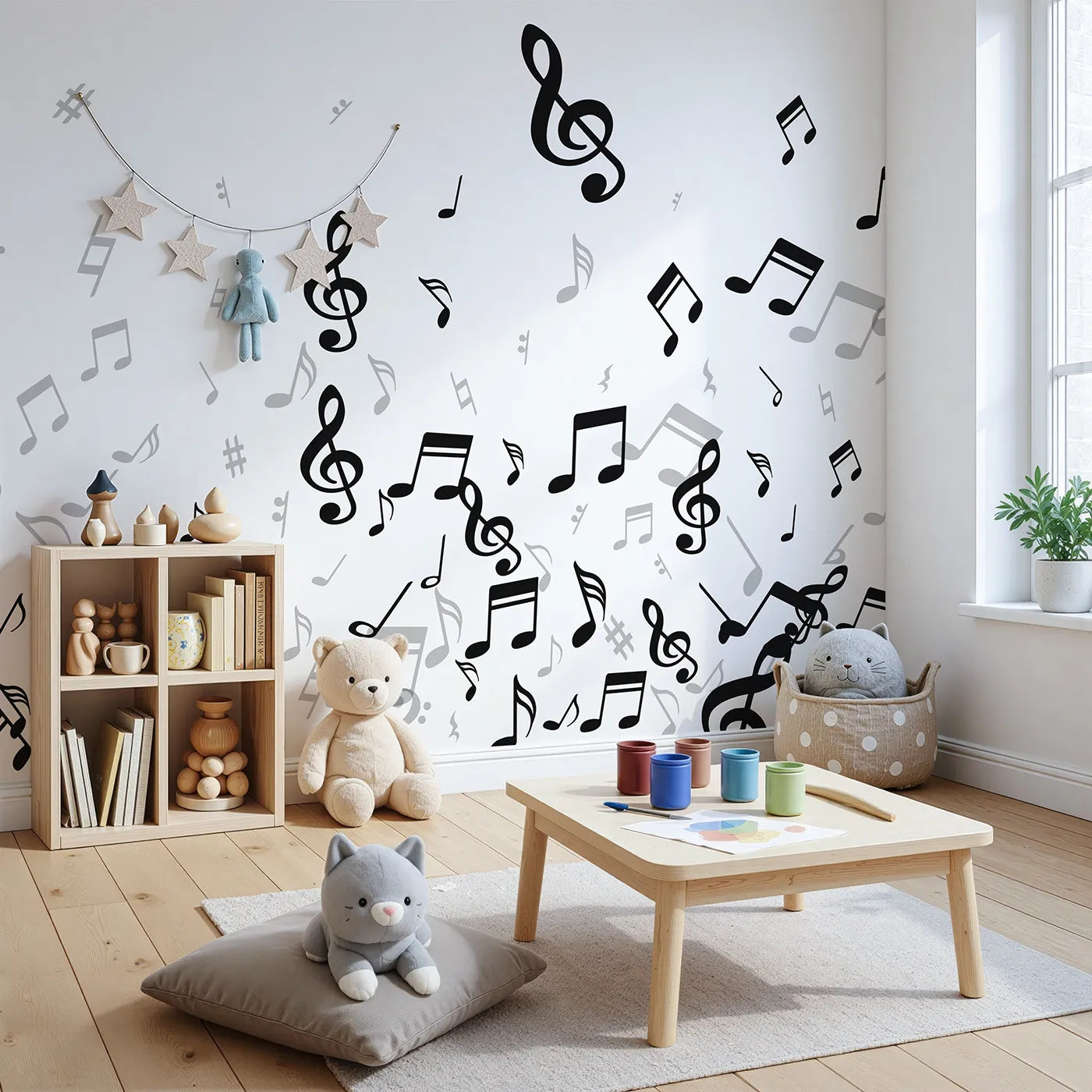Angled view of Whimsy Tots' Monochrome Melody Wall Mural (Turn Their Room into a Symphony in Black and White).Gender-Neutral