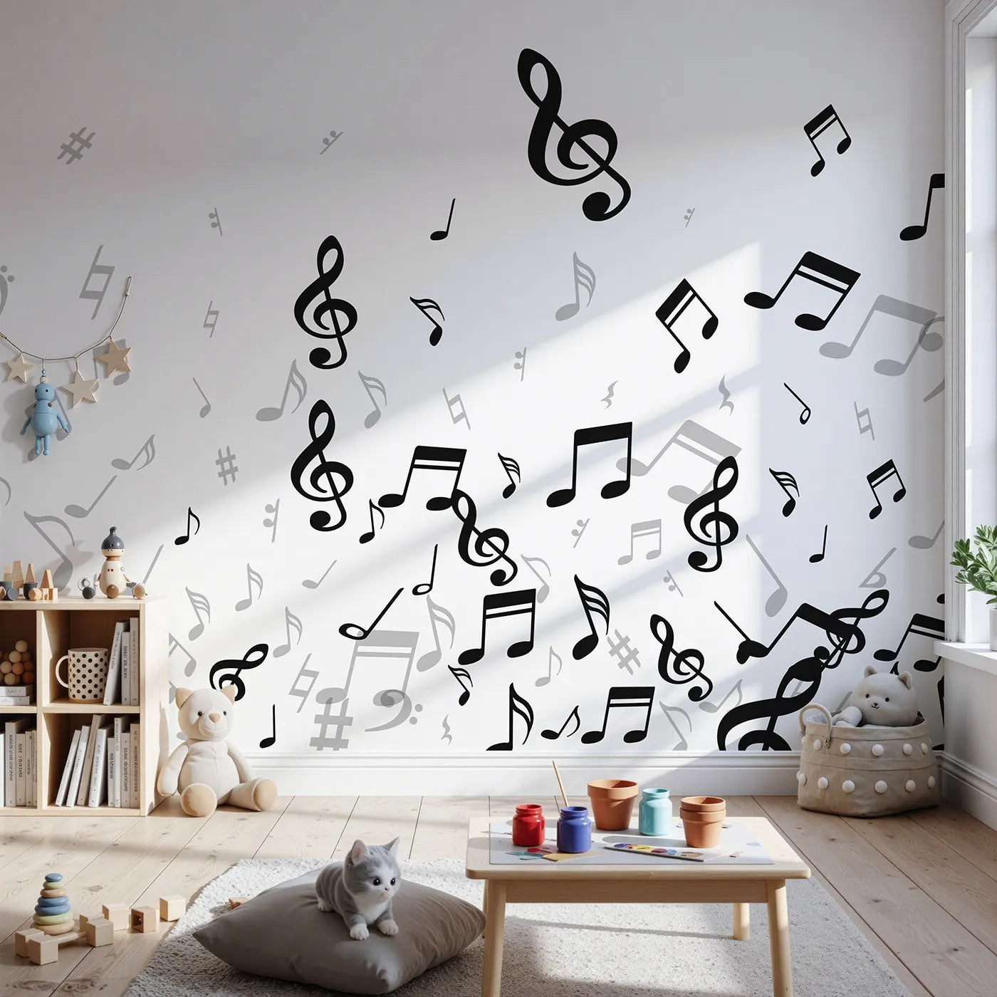 Front view of Whimsy Tots' Monochrome Melody Wall Mural