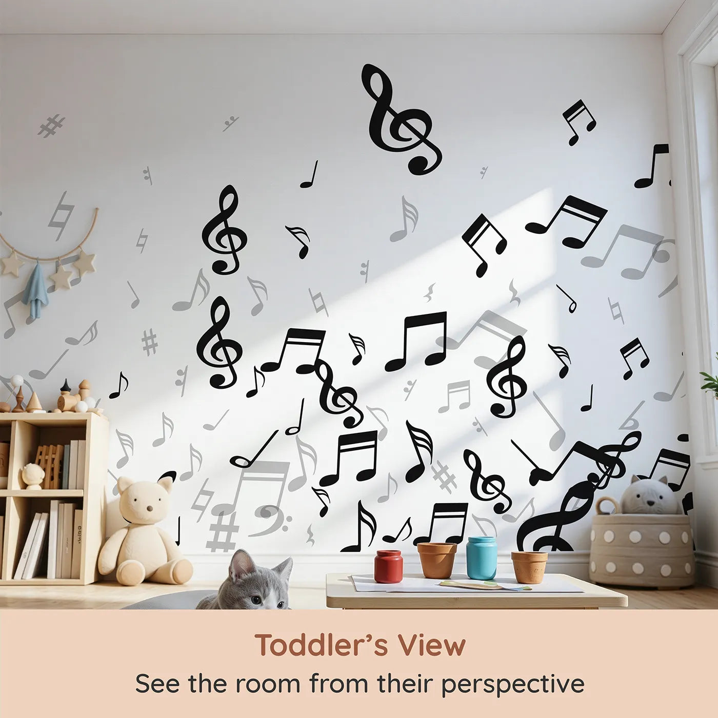 Whimsy Tots Monochrome Melody Wall Mural (Turn Their Room into a Symphony in Black and White) from your child's view.Gender-Neutral