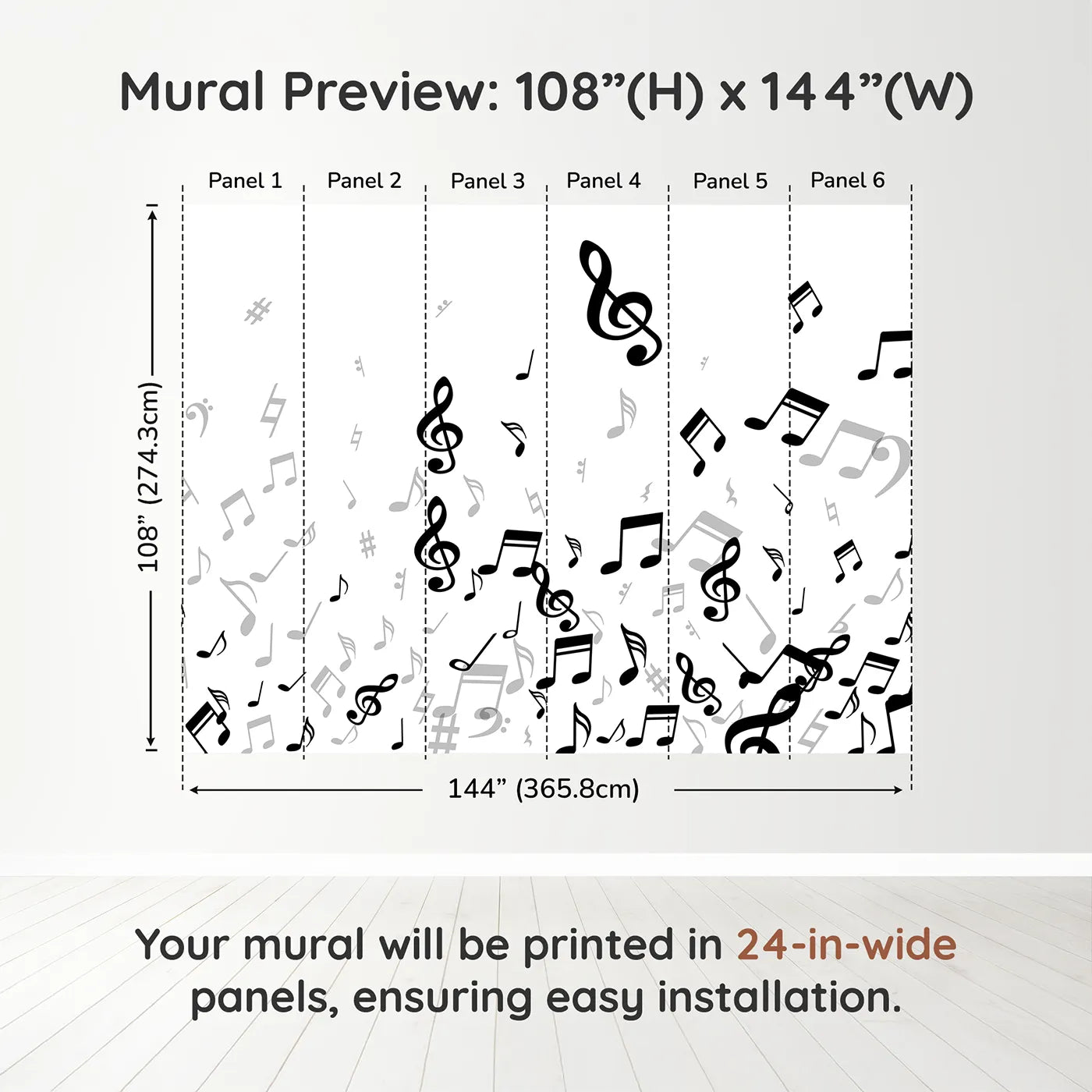 Whimsy Tots Monochrome Melody Wall Muraldimension view (108" H x 144" W). Printed in six 24-inch-wide panels. Gender-Neutral