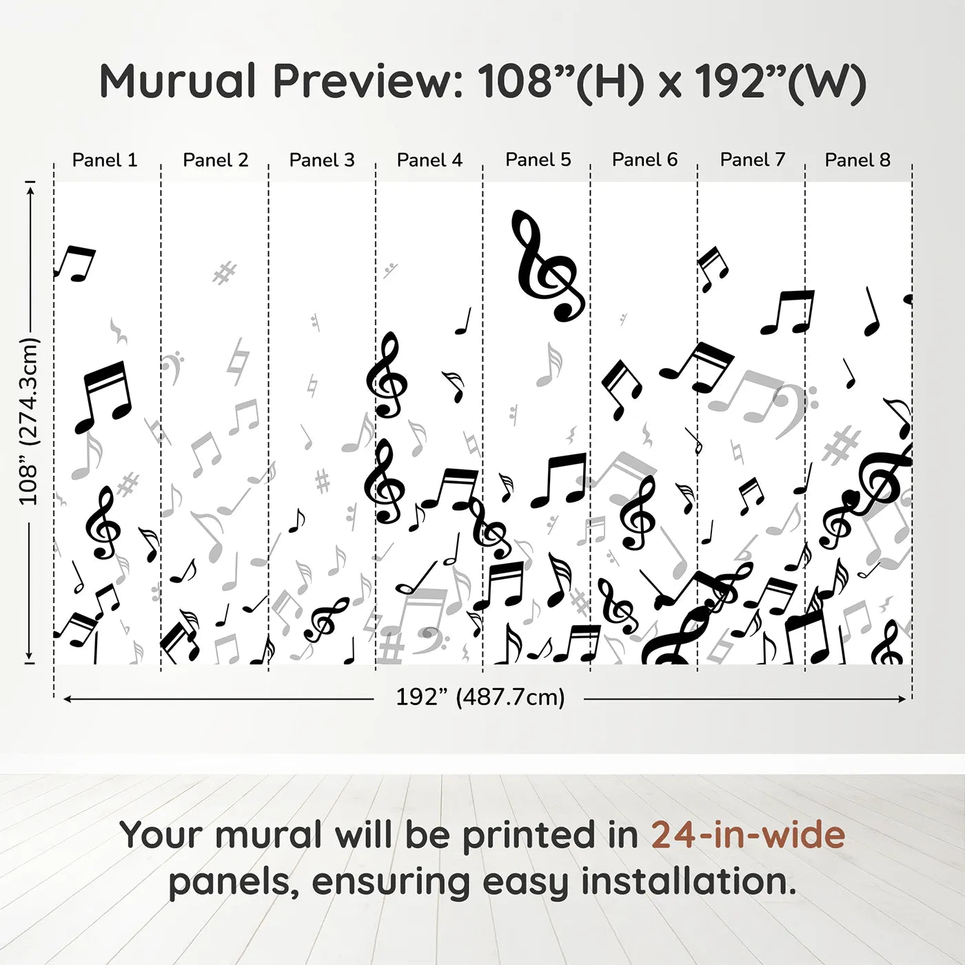 Whimsy Tots Monochrome Melody Wall Muraldimension view (108" H x 192" W). Printed in eight 24-inch-wide panels. Gender-Neutral
