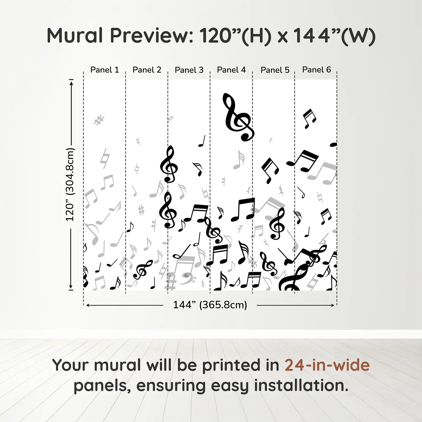Whimsy Tots Monochrome Melody Wall Muraldimension view (120" H x 144" W). Printed in six 24-inch-wide panels. Gender-Neutral