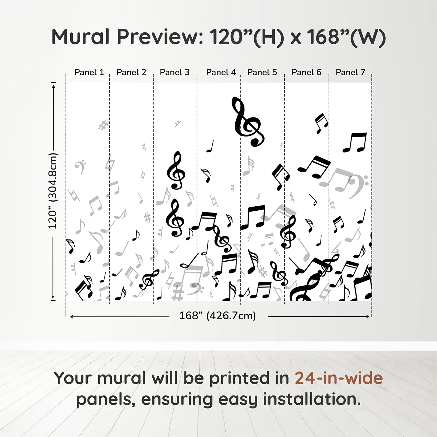 Whimsy Tots Monochrome Melody Wall Muraldimension view (120" H x 168" W). Printed in seven 24-inch-wide panels. Gender-Neutral