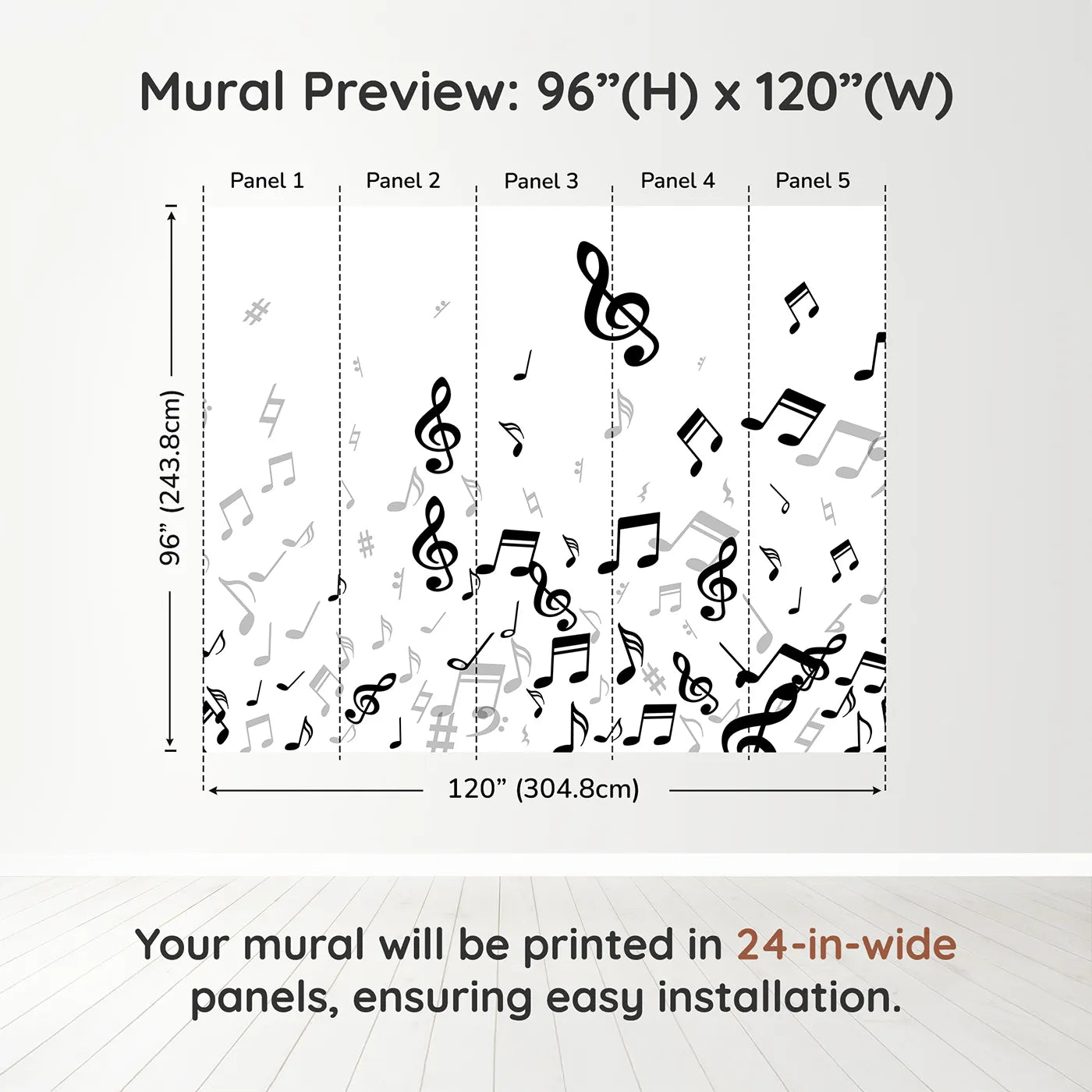 Whimsy Tots Monochrome Melody Wall Muraldimension view (96" H x 120" W). Printed in five 24-inch-wide panels. Gender-Neutral