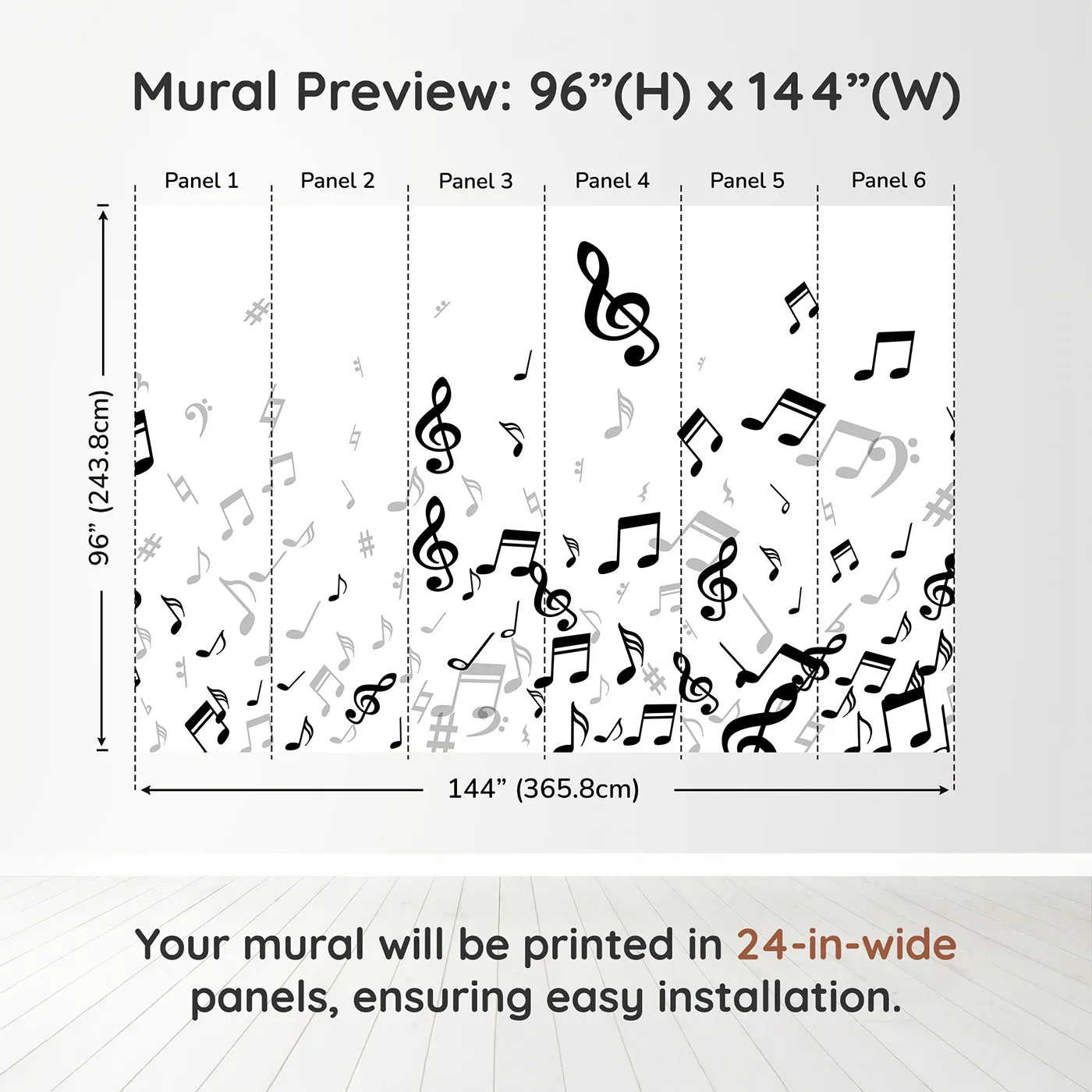 Whimsy Tots Monochrome Melody Wall Muraldimension view (96" H x 144" W). Printed in six 24-inch-wide panels. Gender-Neutral