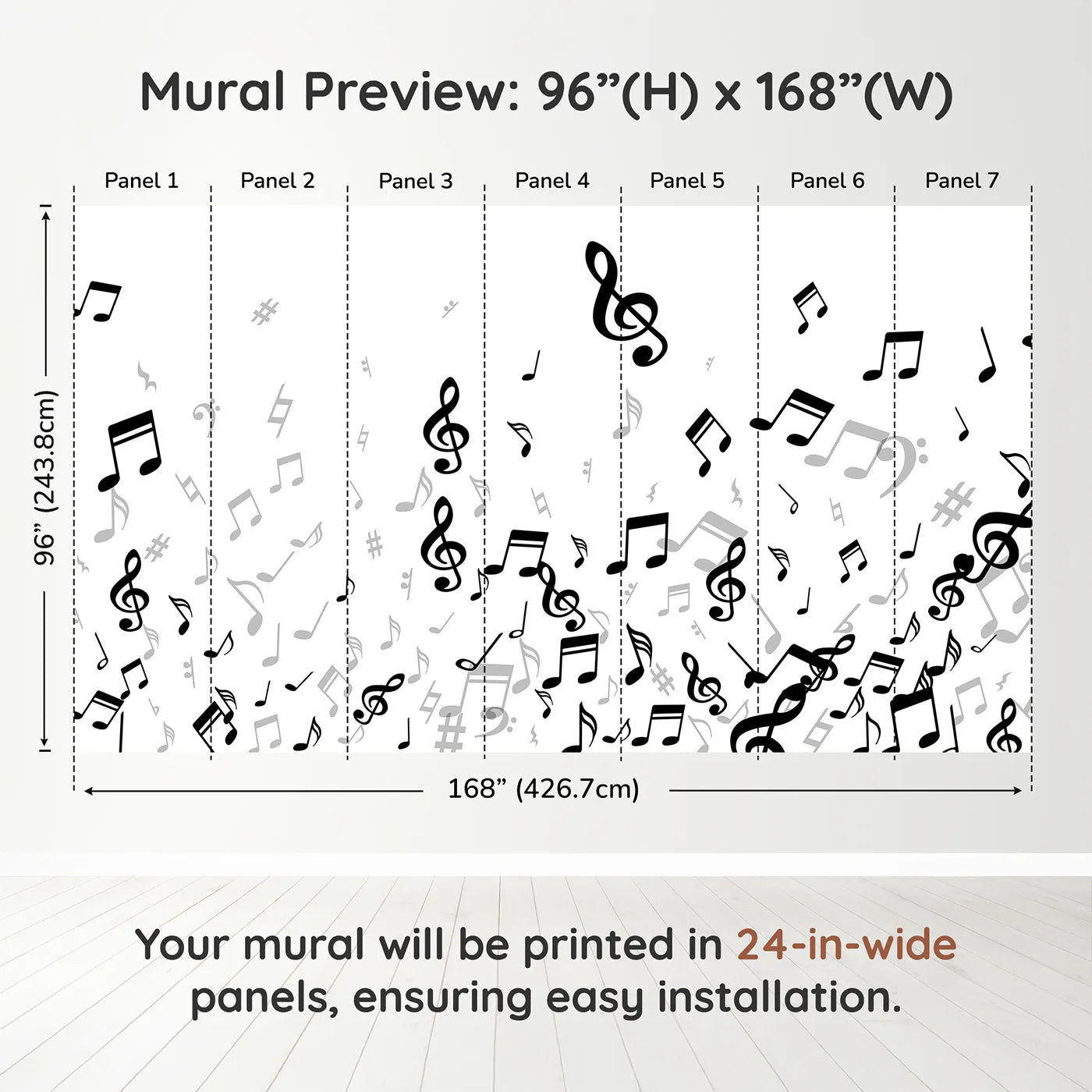 Whimsy Tots Monochrome Melody Wall Muraldimension view (96" H x 168" W). Printed in seven 24-inch-wide panels. Gender-Neutral