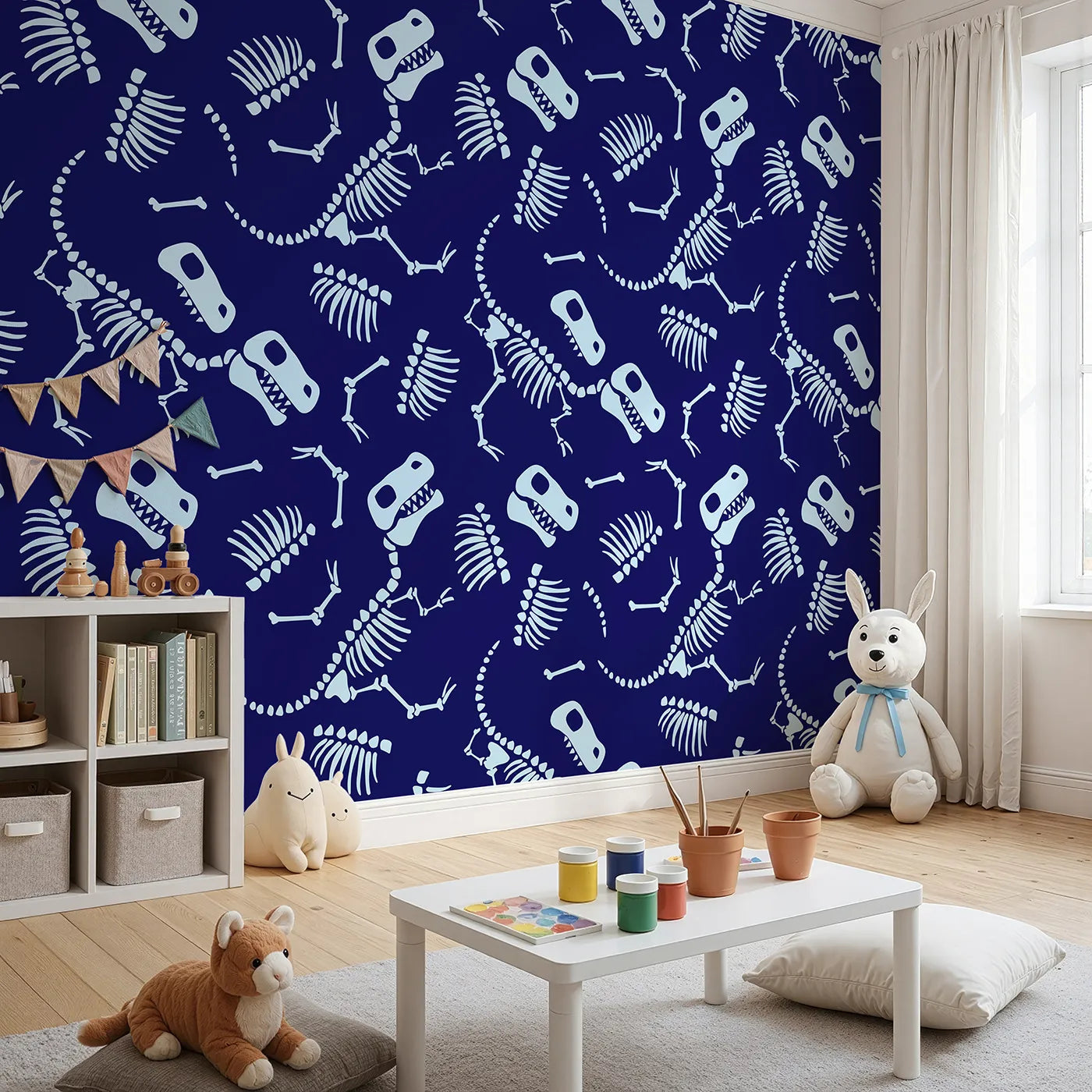 Angled view of Whimsy Tots' Dinosaur Bones Wall Mural (Turn Their Room into a Cool Paleontologist's Dig Site).Best for Boys
