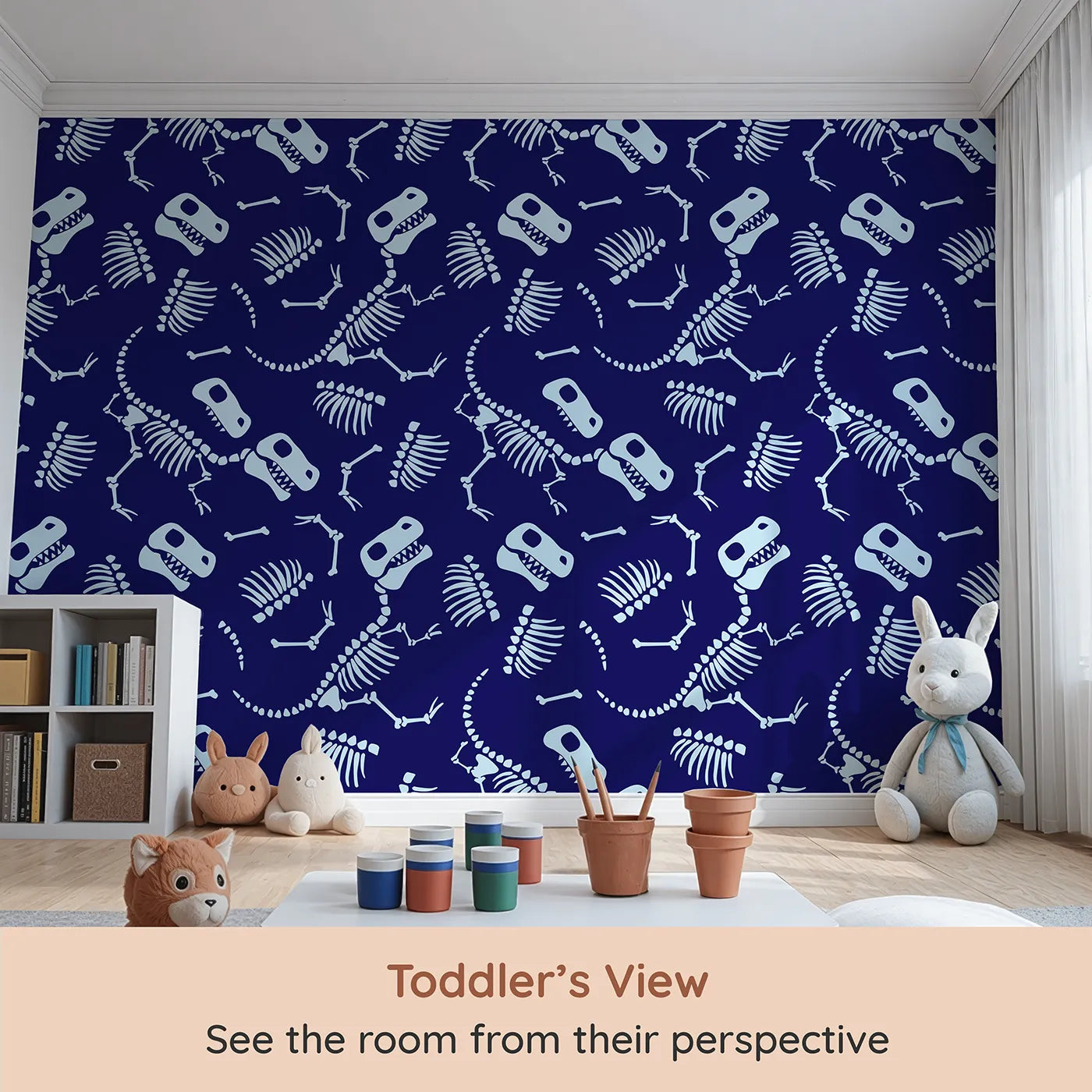 Whimsy Tots Dinosaur Bones Wall Mural (Turn Their Room into a Cool Paleontologist's Dig Site) from your child's view.Best for Boys