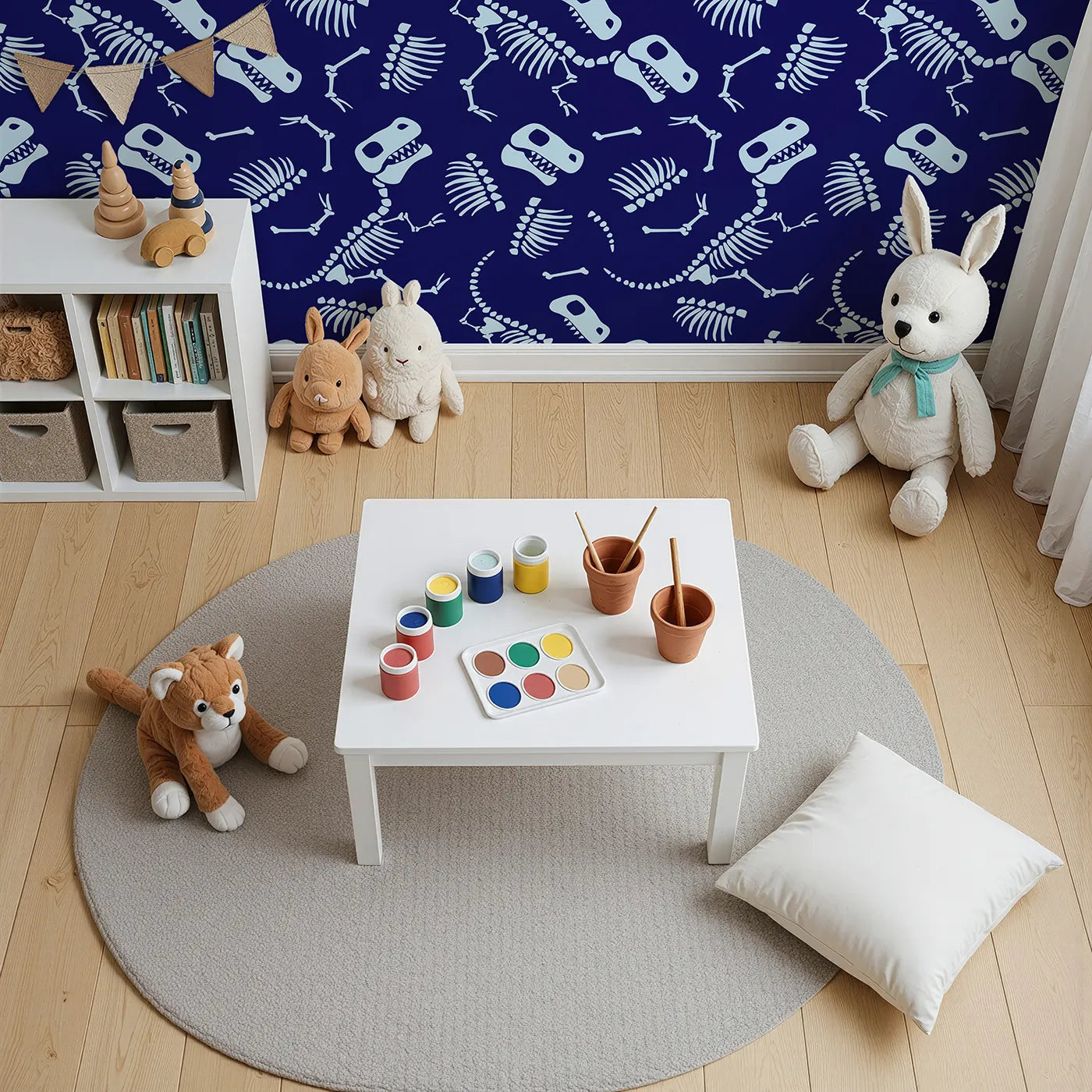 Top-down view of Whimsy Tots' Dinosaur Bones Wall Mural (Turn Their Room into a Cool Paleontologist's Dig Site).Best for Boys
