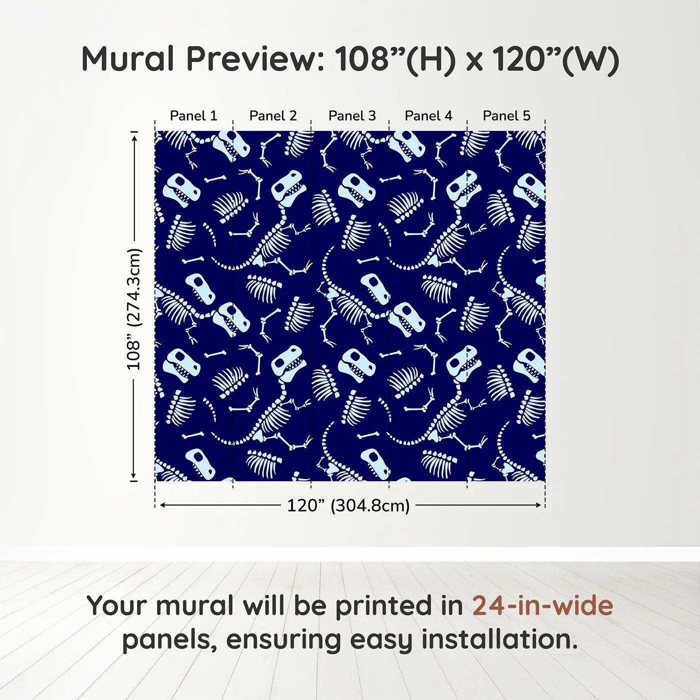 Whimsy Tots Dinosaur Bones Wall Muraldimension view (108" H x 120" W). Printed in five 24-inch-wide panels. Best for Boys
