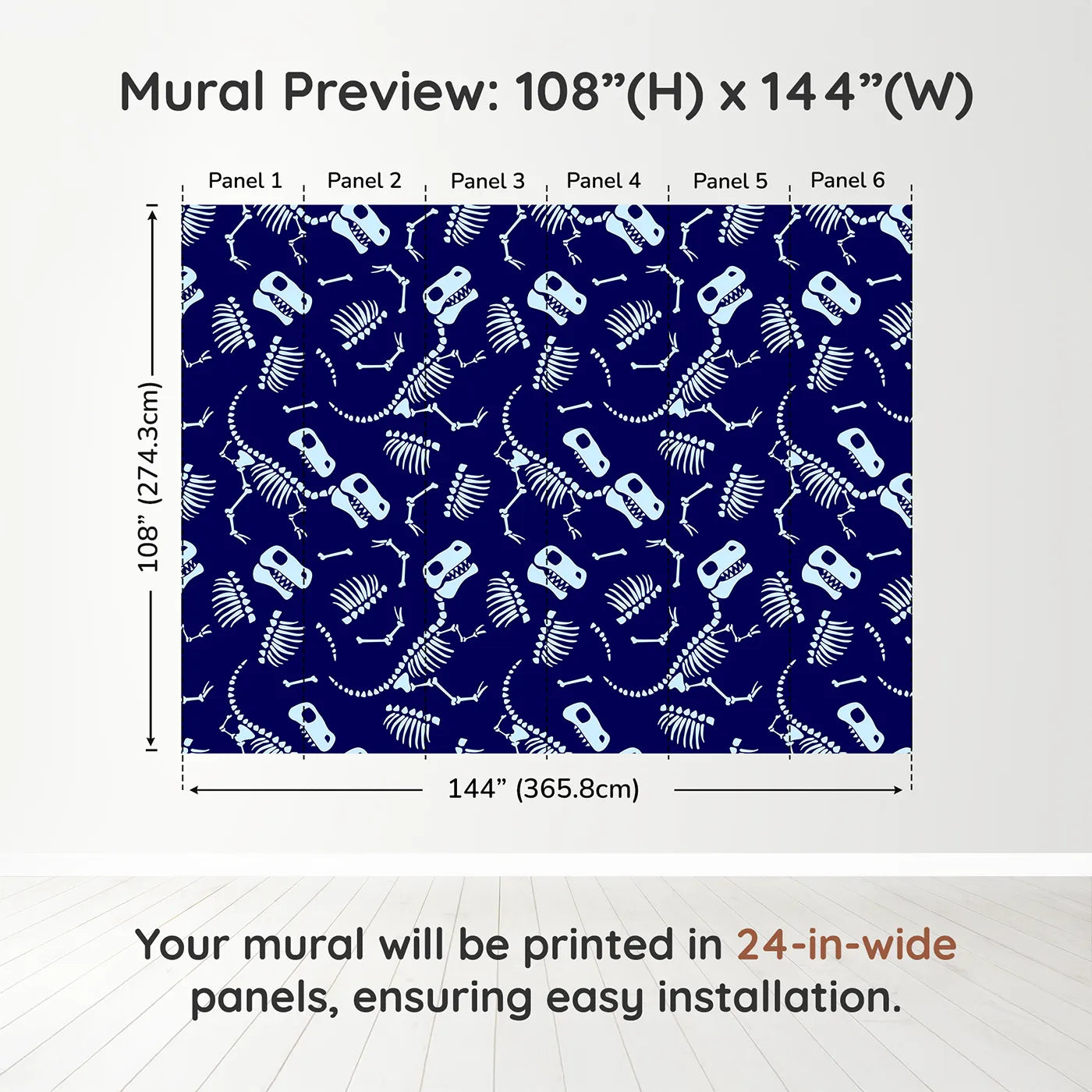 Whimsy Tots Dinosaur Bones Wall Muraldimension view (108" H x 144" W). Printed in six 24-inch-wide panels. Best for Boys
