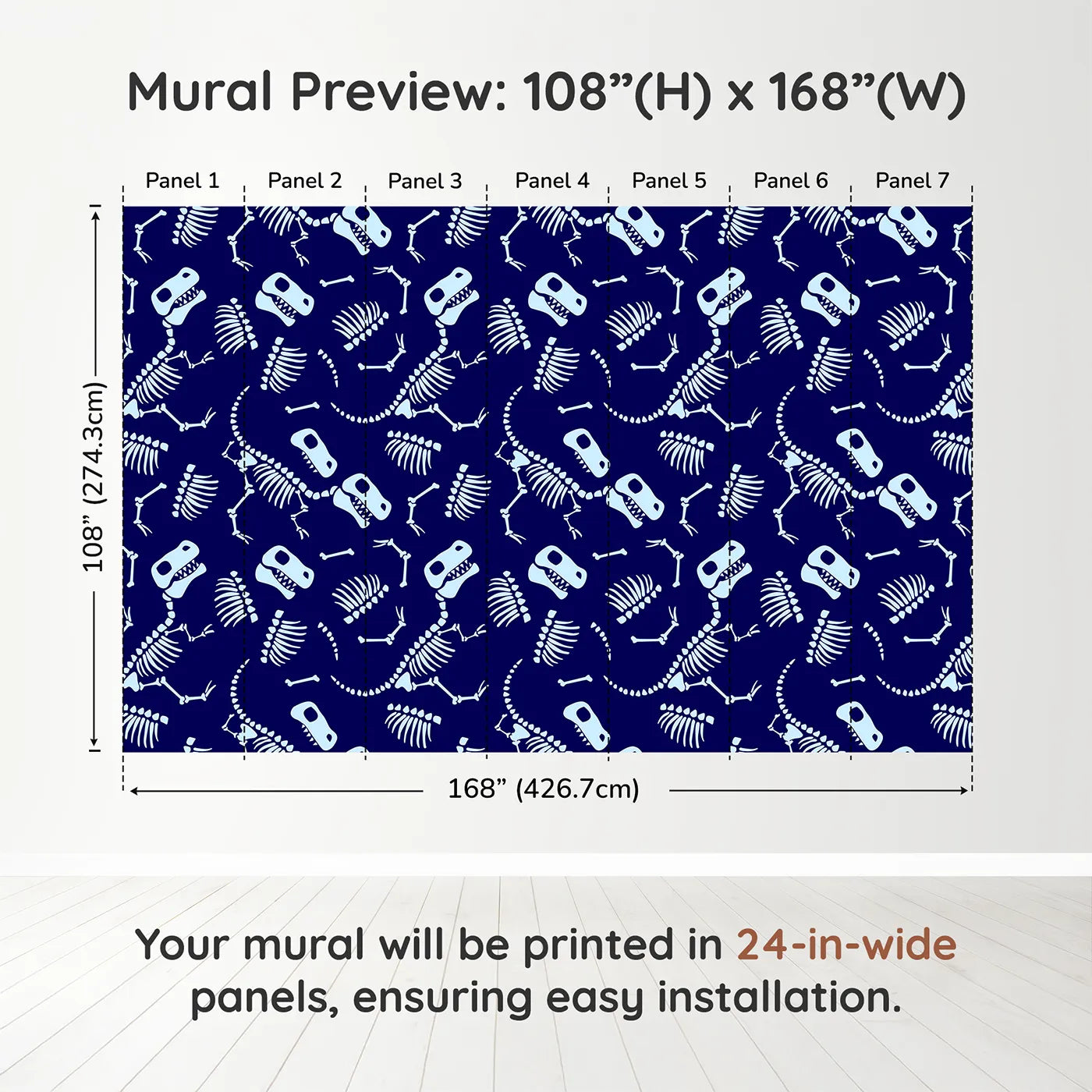 Whimsy Tots Dinosaur Bones Wall Muraldimension view (108" H x 168" W). Printed in seven 24-inch-wide panels. Best for Boys