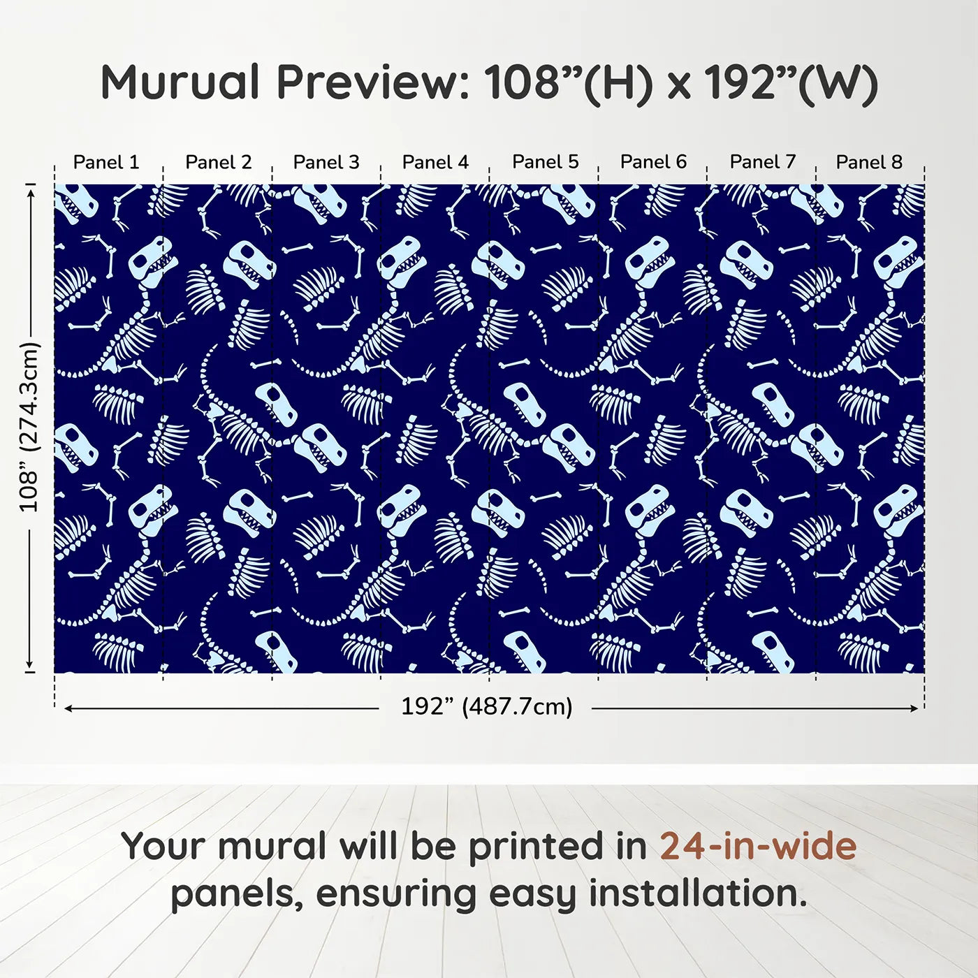 Whimsy Tots Dinosaur Bones Wall Muraldimension view (108" H x 192" W). Printed in eight 24-inch-wide panels. Best for Boys