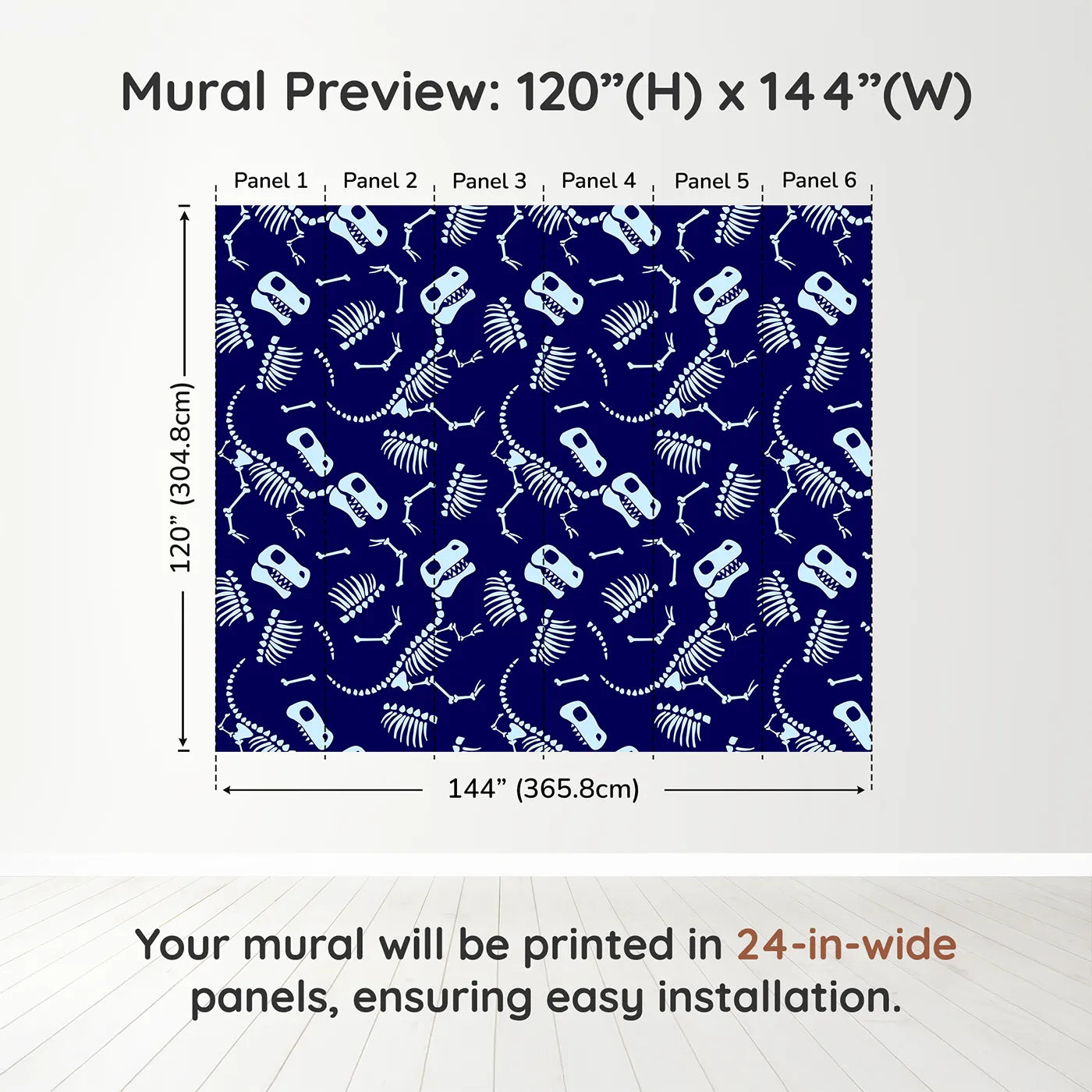 Whimsy Tots Dinosaur Bones Wall Muraldimension view (120" H x 144" W). Printed in six 24-inch-wide panels. Best for Boys