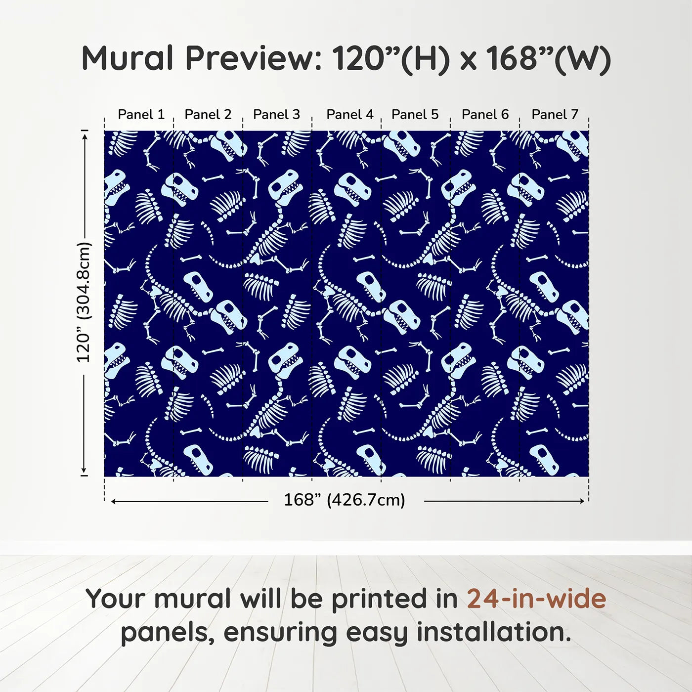 Whimsy Tots Dinosaur Bones Wall Muraldimension view (120" H x 168" W). Printed in seven 24-inch-wide panels. Best for Boys