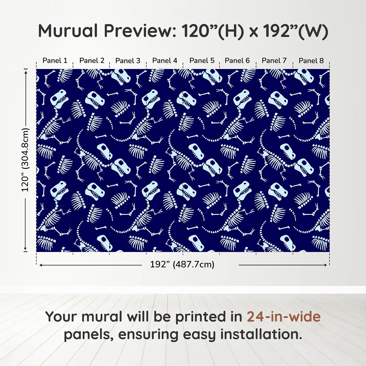Whimsy Tots Dinosaur Bones Wall Muraldimension view (120" H x 192" W). Printed in eight 24-inch-wide panels. Best for Boys