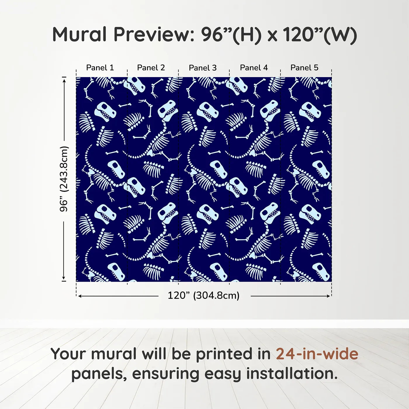 Whimsy Tots Dinosaur Bones Wall Muraldimension view (96" H x 120" W). Printed in five 24-inch-wide panels. Best for Boys