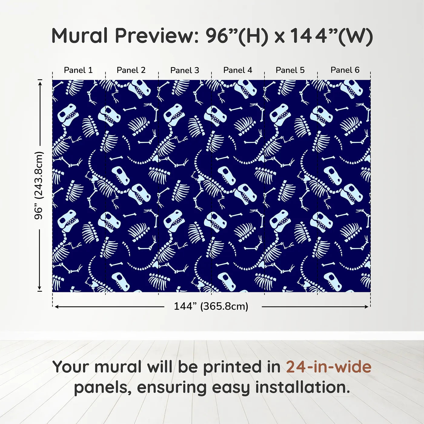 Whimsy Tots Dinosaur Bones Wall Muraldimension view (96" H x 144" W). Printed in six 24-inch-wide panels. Best for Boys