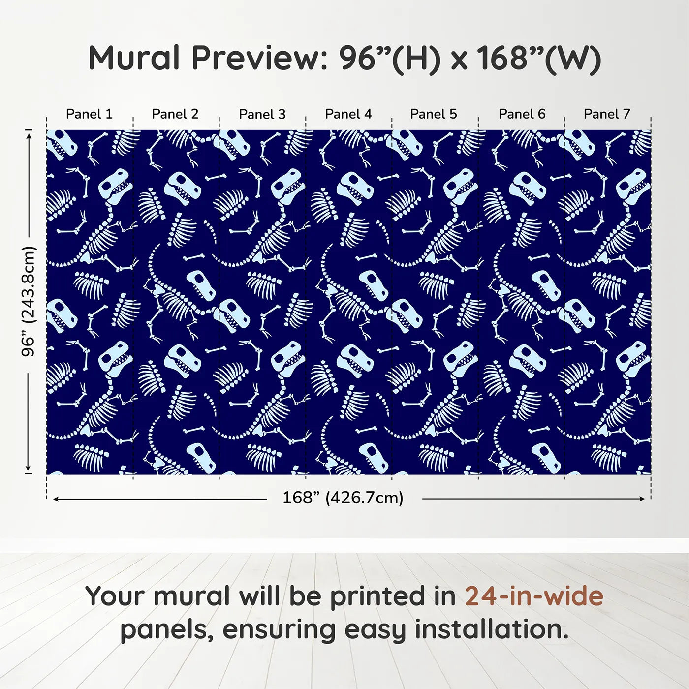 Whimsy Tots Dinosaur Bones Wall Muraldimension view (96" H x 168" W). Printed in seven 24-inch-wide panels. Best for Boys