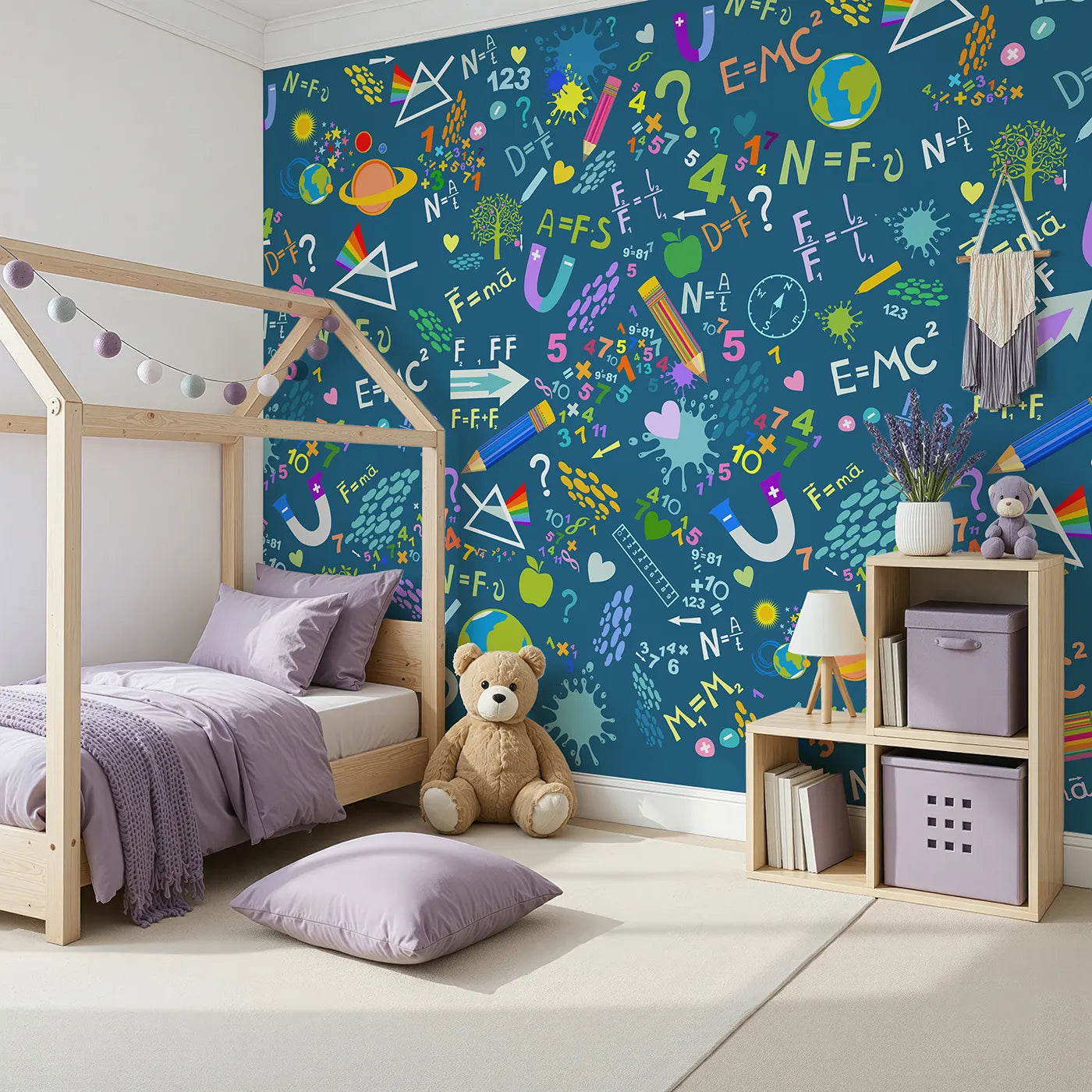 Angled view of Whimsy Tots' Colorful Science Doodle Wall Mural (Turn Their Room into a Vibrant Explosion of Knowledge).Gender-Neutral