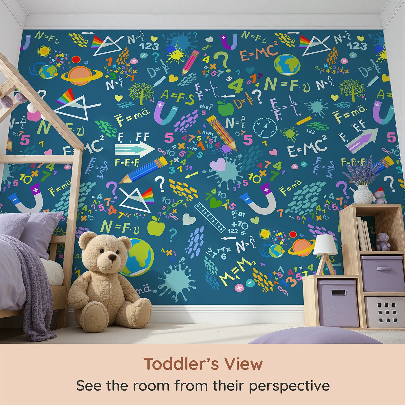 Whimsy Tots Colorful Science Doodle Wall Mural (Turn Their Room into a Vibrant Explosion of Knowledge) from your child's view.Gender-Neutral