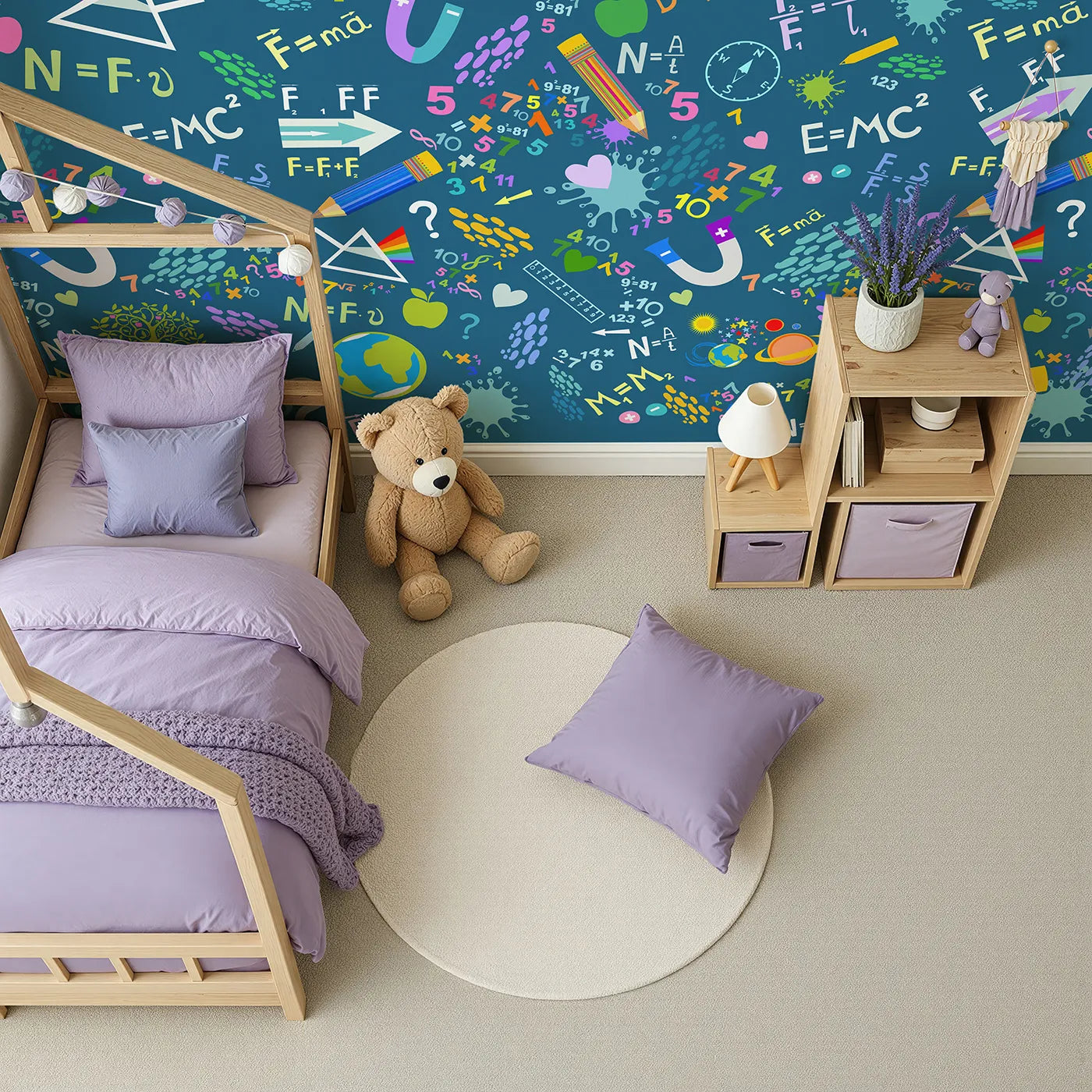 Top-down view of Whimsy Tots' Colorful Science Doodle Wall Mural (Turn Their Room into a Vibrant Explosion of Knowledge).Gender-Neutral