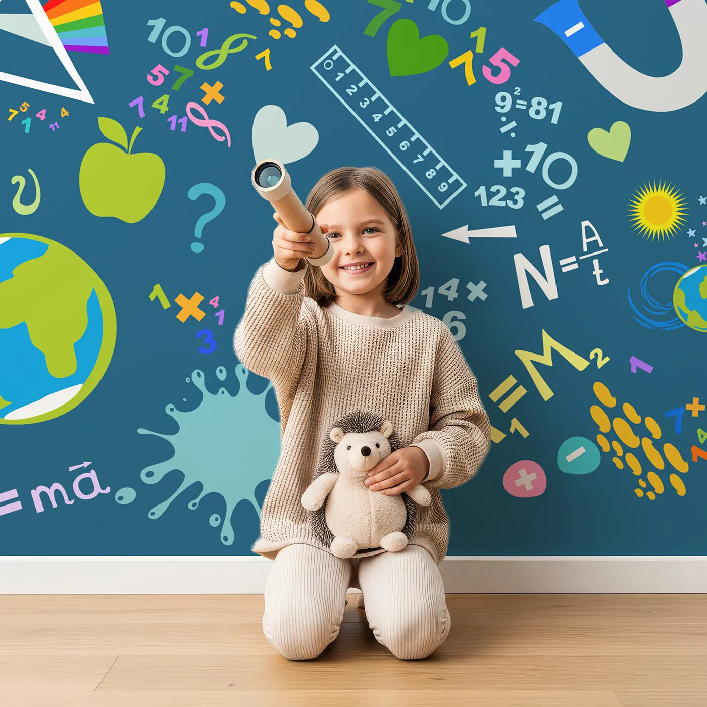 Child in front of Whimsy Tots Colorful Science Doodle Wall Mural with science, math, doodle, colorful, formula, space, school, education in design.