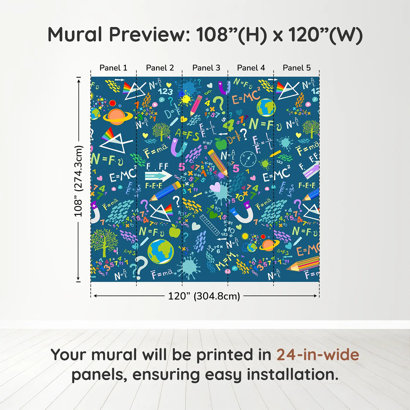 Whimsy Tots Colorful Science Doodle Wall Muraldimension view (108" H x 120" W). Printed in five 24-inch-wide panels. Gender-Neutral