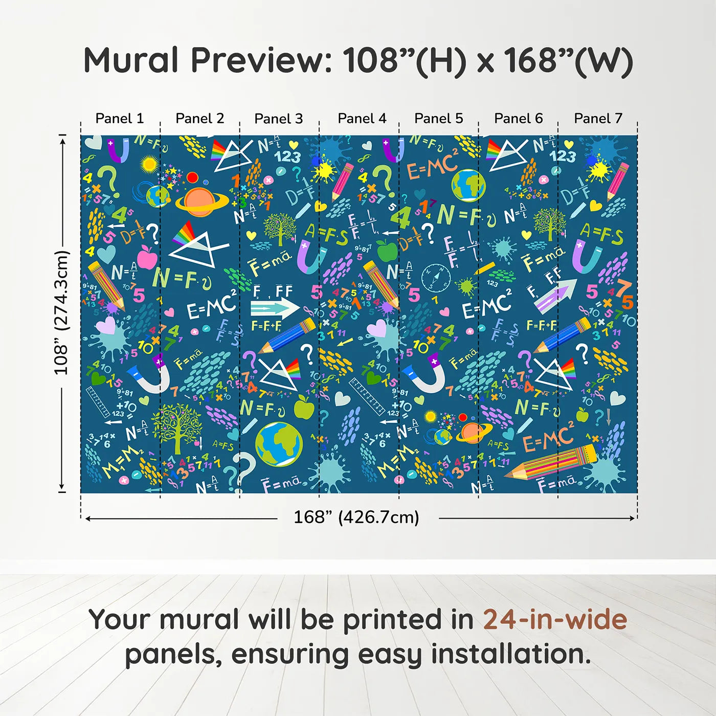 Whimsy Tots Colorful Science Doodle Wall Muraldimension view (108" H x 168" W). Printed in seven 24-inch-wide panels. Gender-Neutral