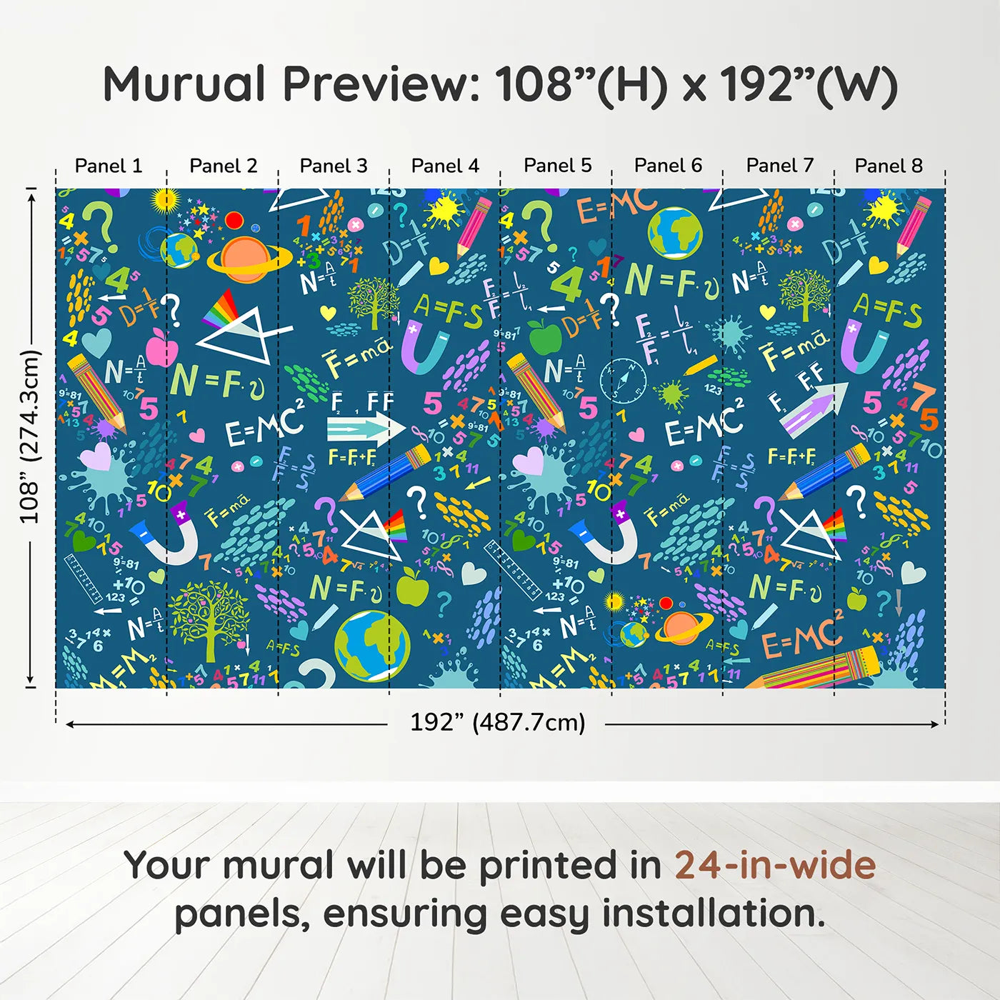 Whimsy Tots Colorful Science Doodle Wall Muraldimension view (108" H x 192" W). Printed in eight 24-inch-wide panels. Gender-Neutral