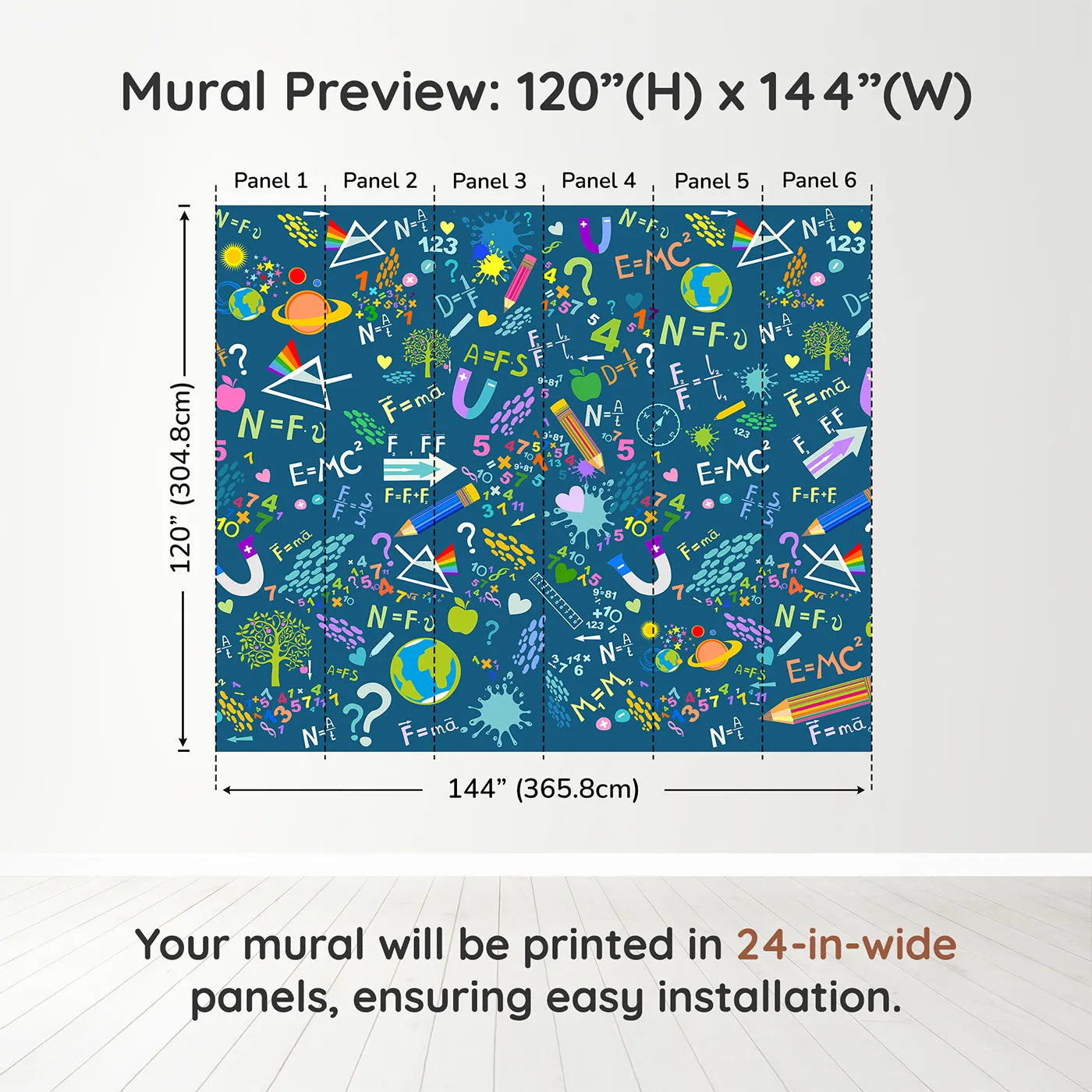 Whimsy Tots Colorful Science Doodle Wall Muraldimension view (120" H x 144" W). Printed in six 24-inch-wide panels. Gender-Neutral