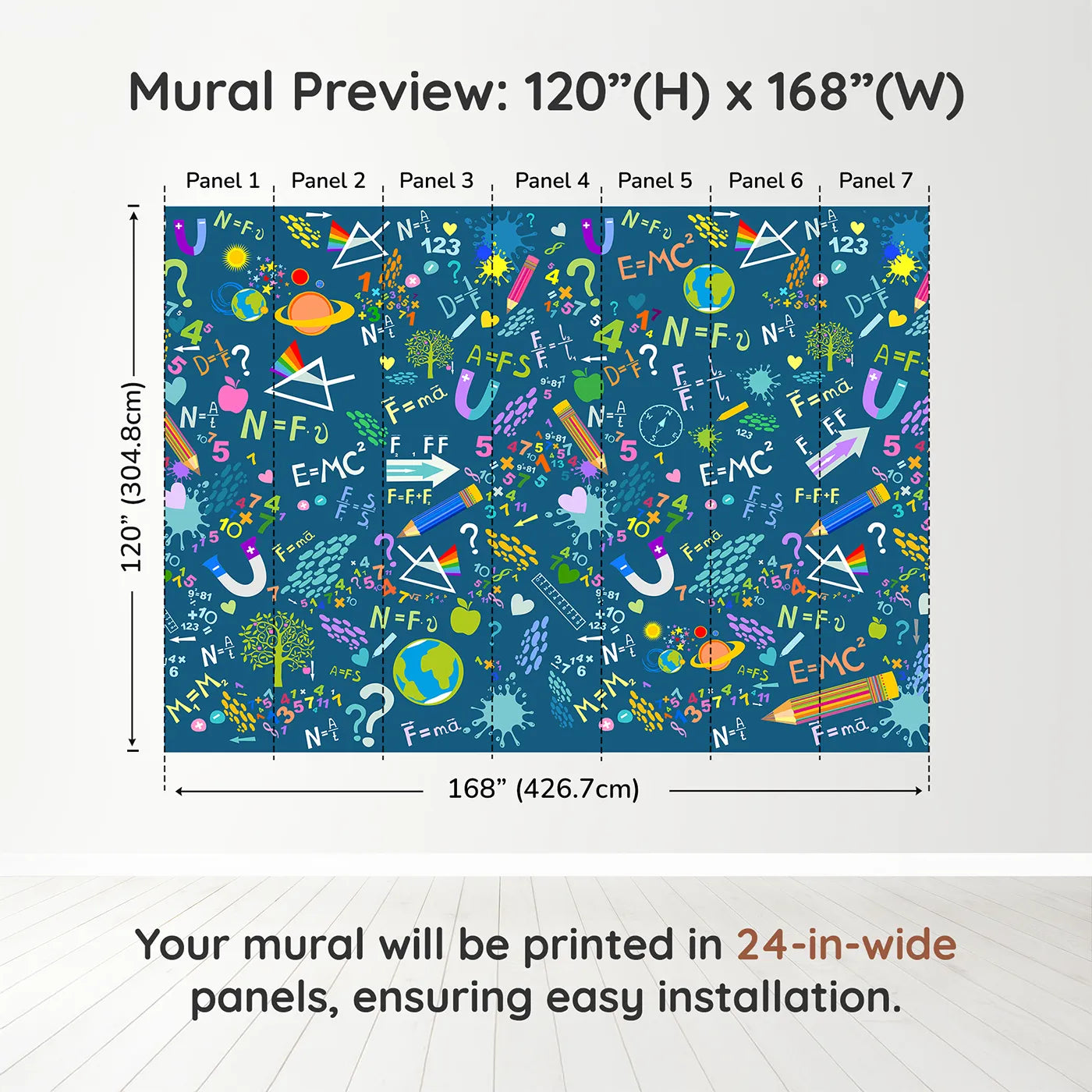 Whimsy Tots Colorful Science Doodle Wall Muraldimension view (120" H x 168" W). Printed in seven 24-inch-wide panels. Gender-Neutral