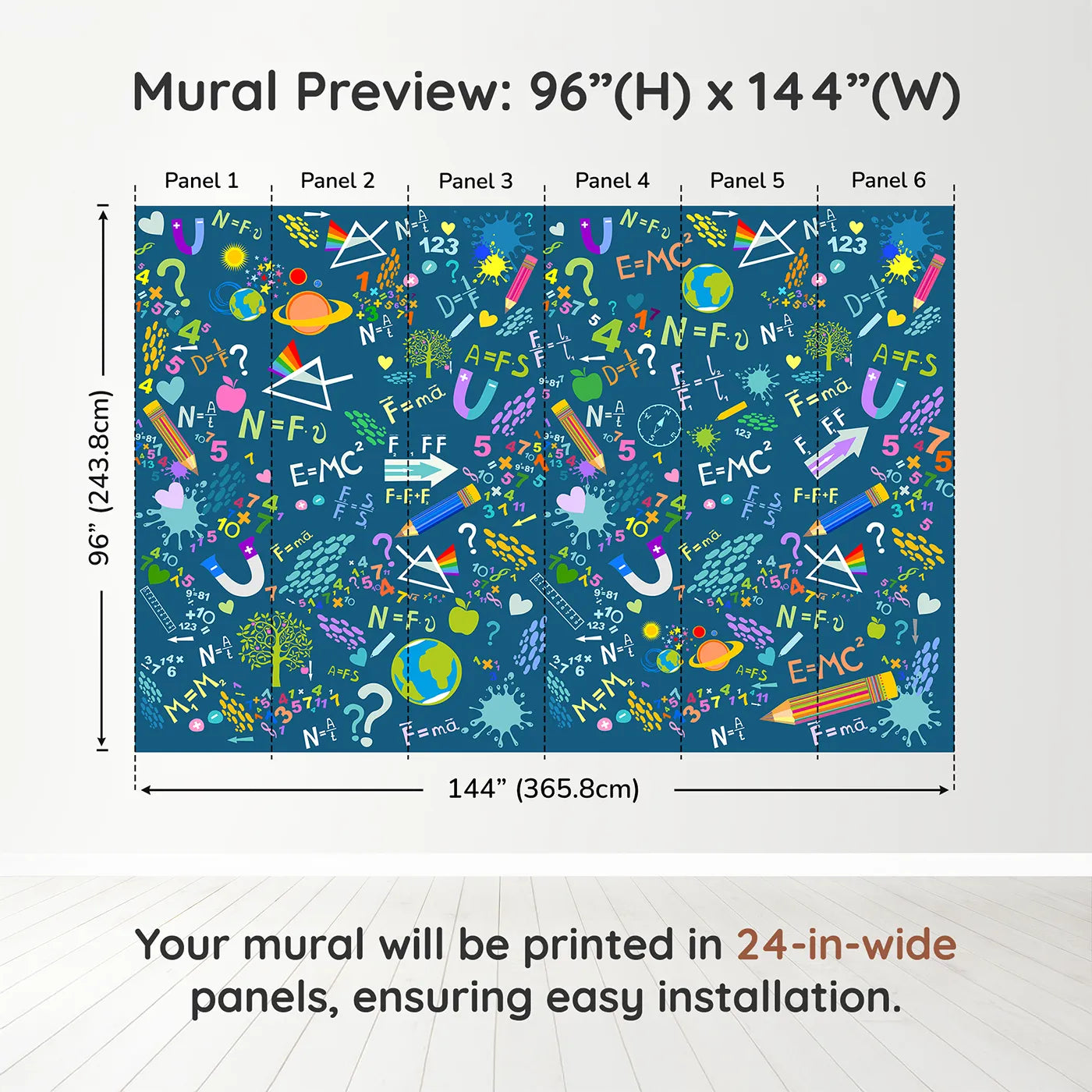 Whimsy Tots Colorful Science Doodle Wall Muraldimension view (96" H x 144" W). Printed in six 24-inch-wide panels. Gender-Neutral