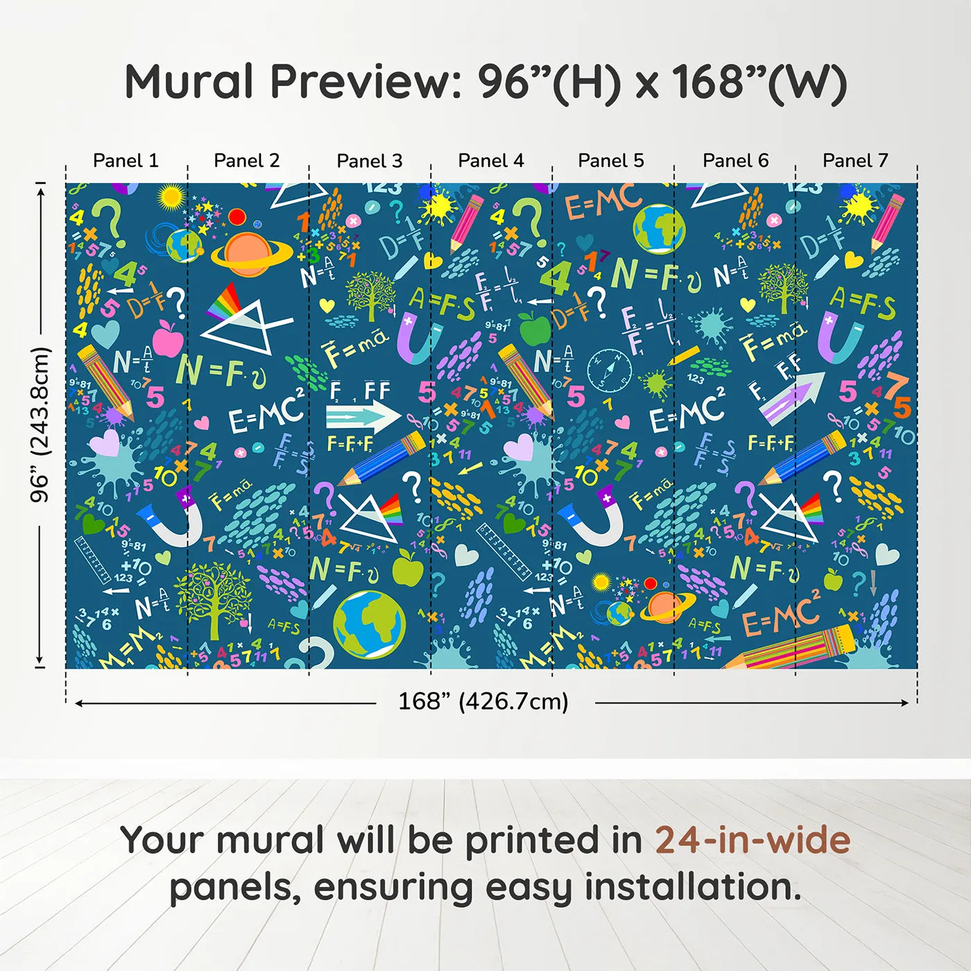 Whimsy Tots Colorful Science Doodle Wall Muraldimension view (96" H x 168" W). Printed in seven 24-inch-wide panels. Gender-Neutral