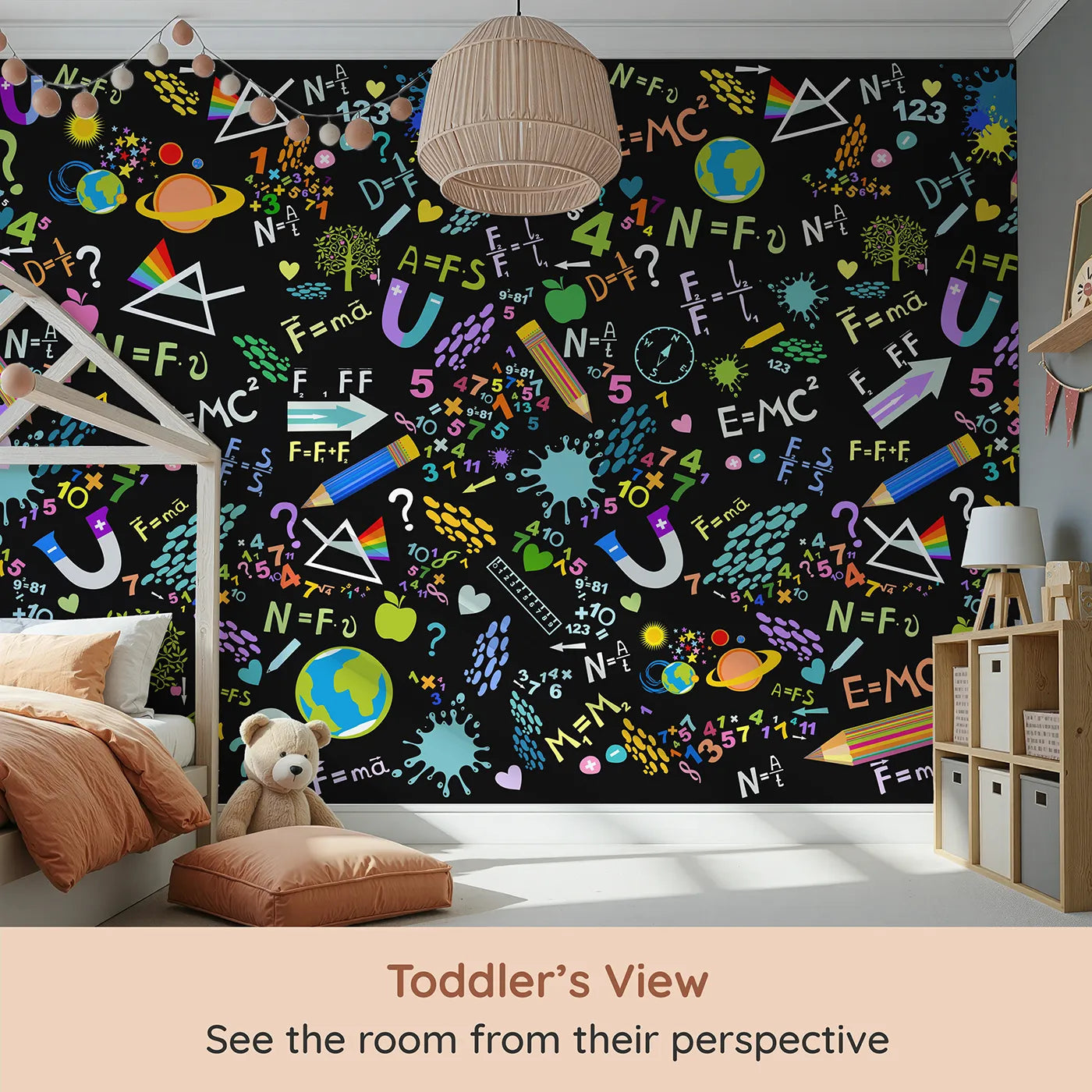Whimsy Tots Neon Science Doodle Wall Mural (Turn Their Room into a Glowing Laboratory of Fun) from your child's view.Gender-Neutral