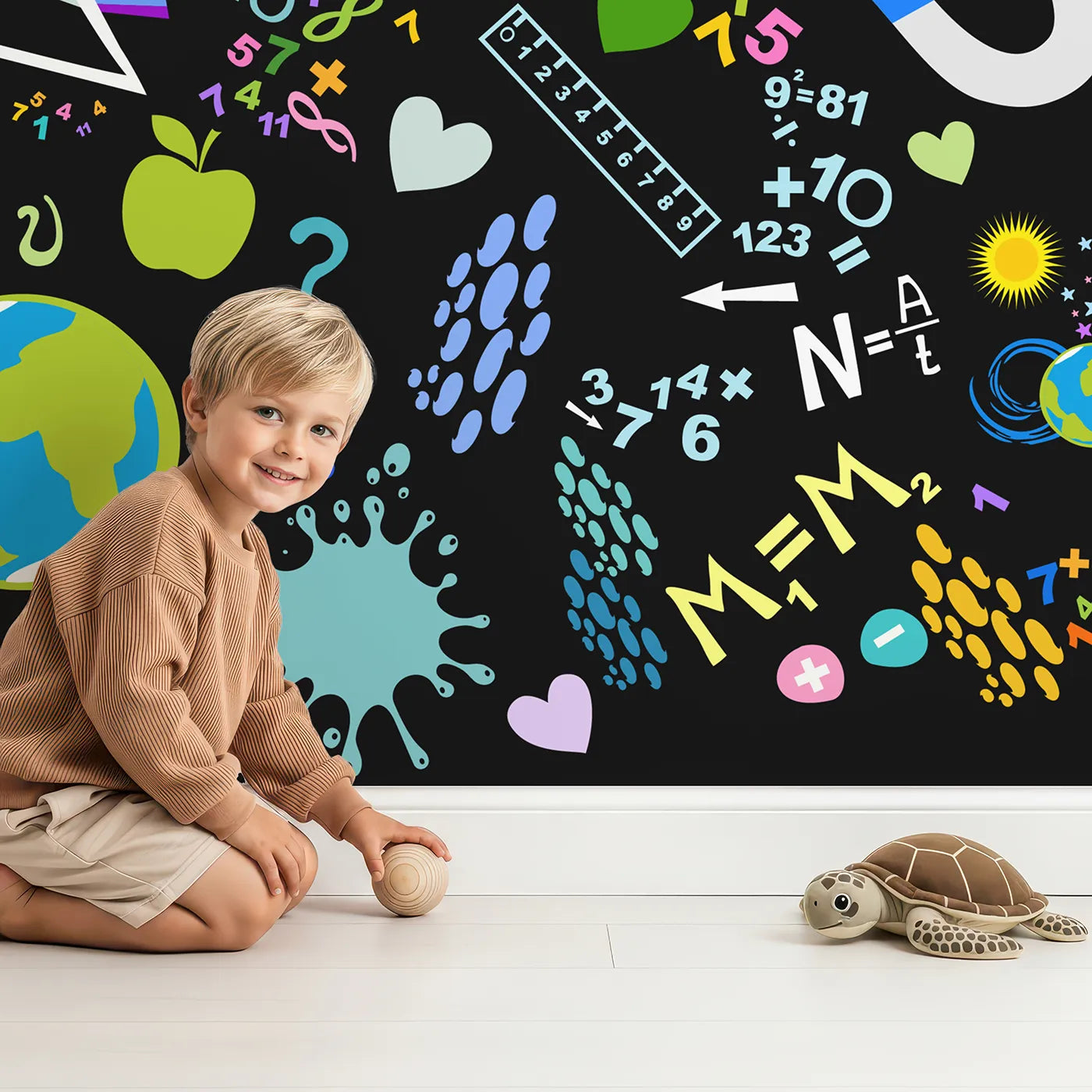 Child in front of Whimsy Tots Neon Science Doodle Wall Mural with science, math, doodle, neon, colorful, formula, space, glow in design.