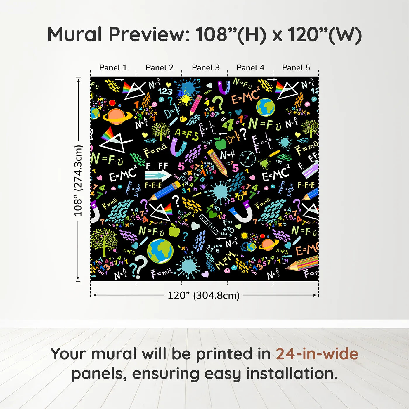 Whimsy Tots Neon Science Doodle Wall Muraldimension view (108" H x 120" W). Printed in five 24-inch-wide panels. Gender-Neutral